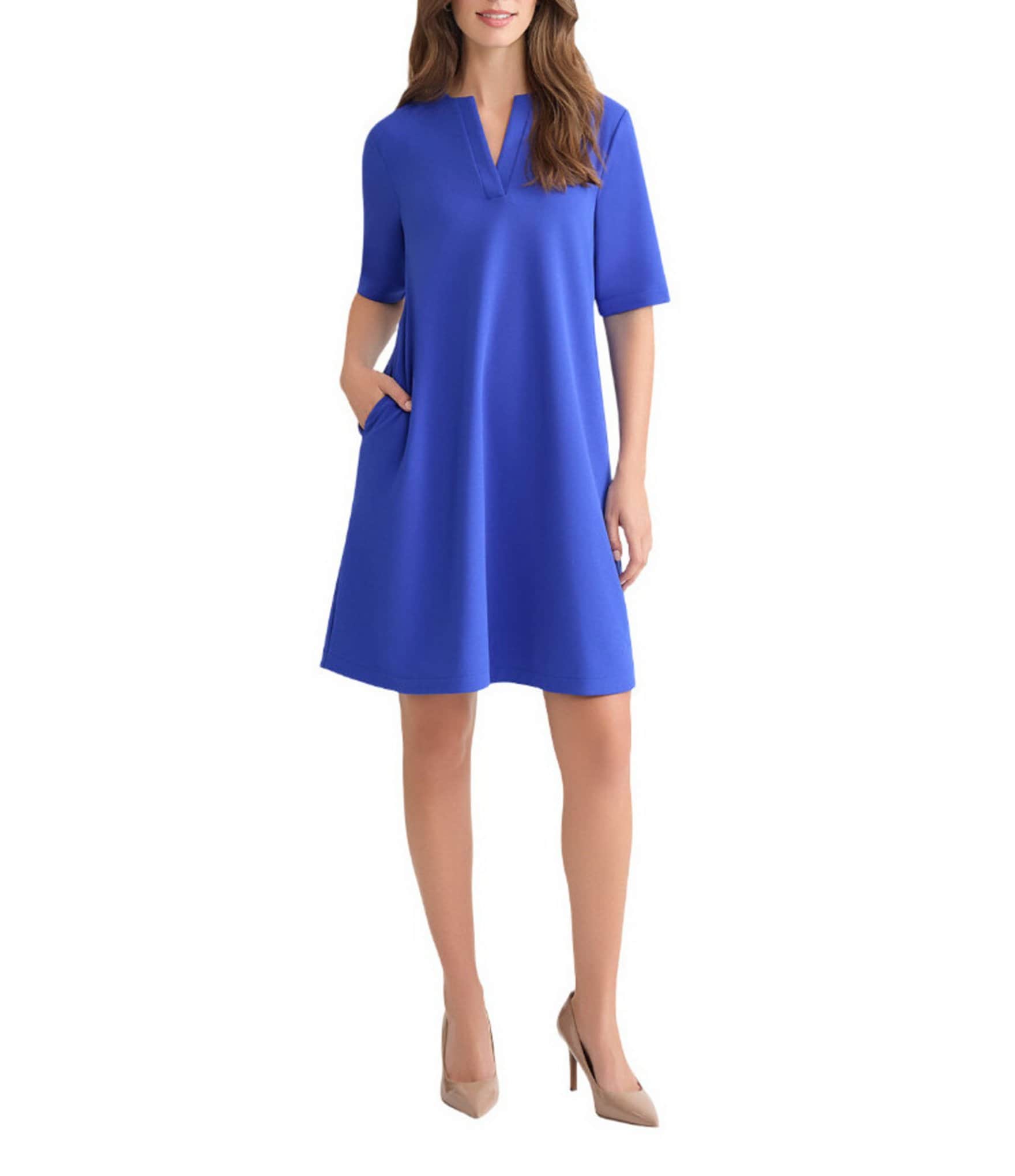 Ming Wang Stretch Crepe Split V-Neck Short Sleeve A-Line Dress