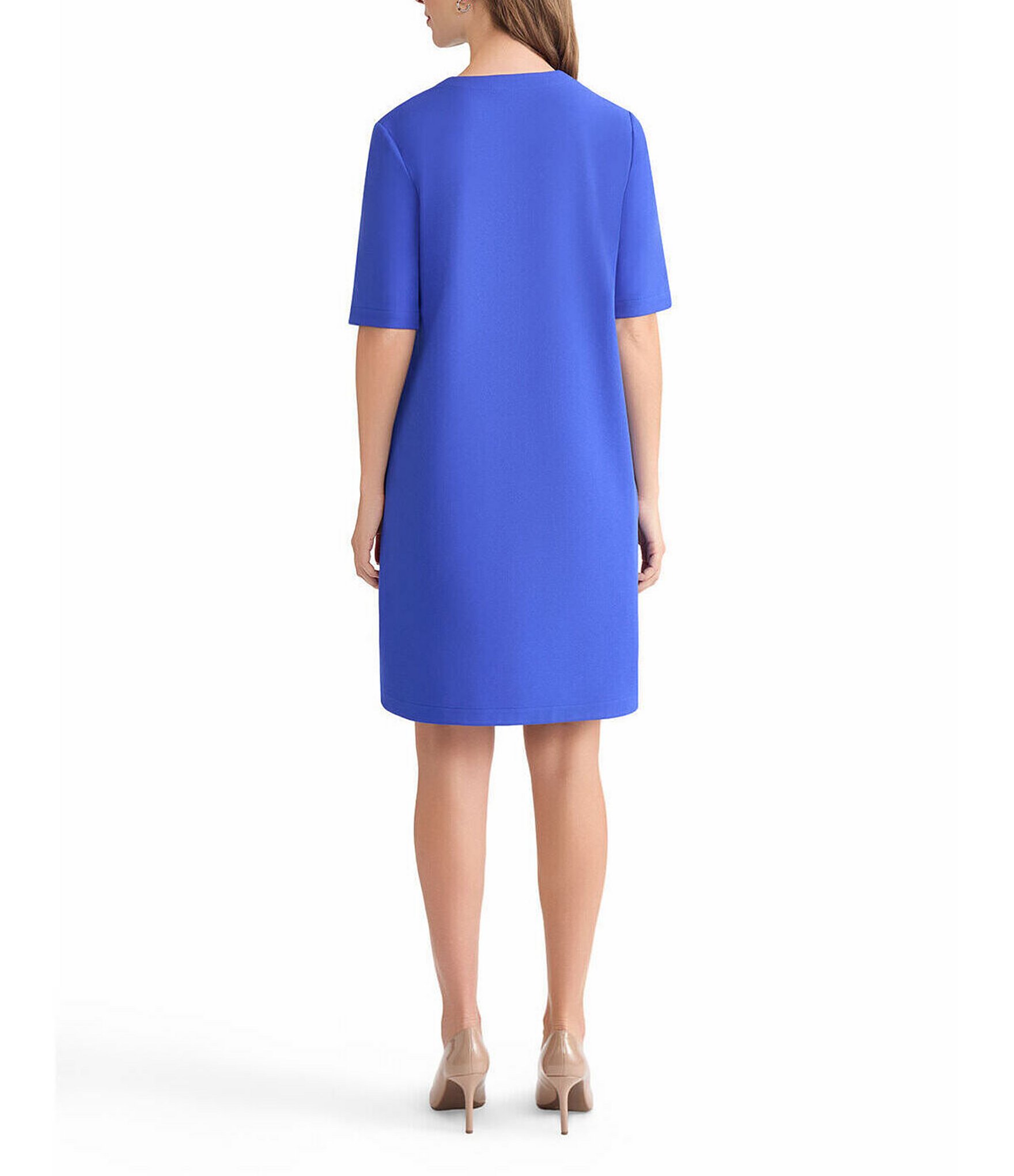 Ming Wang Stretch Crepe Split V-Neck Short Sleeve A-Line Dress