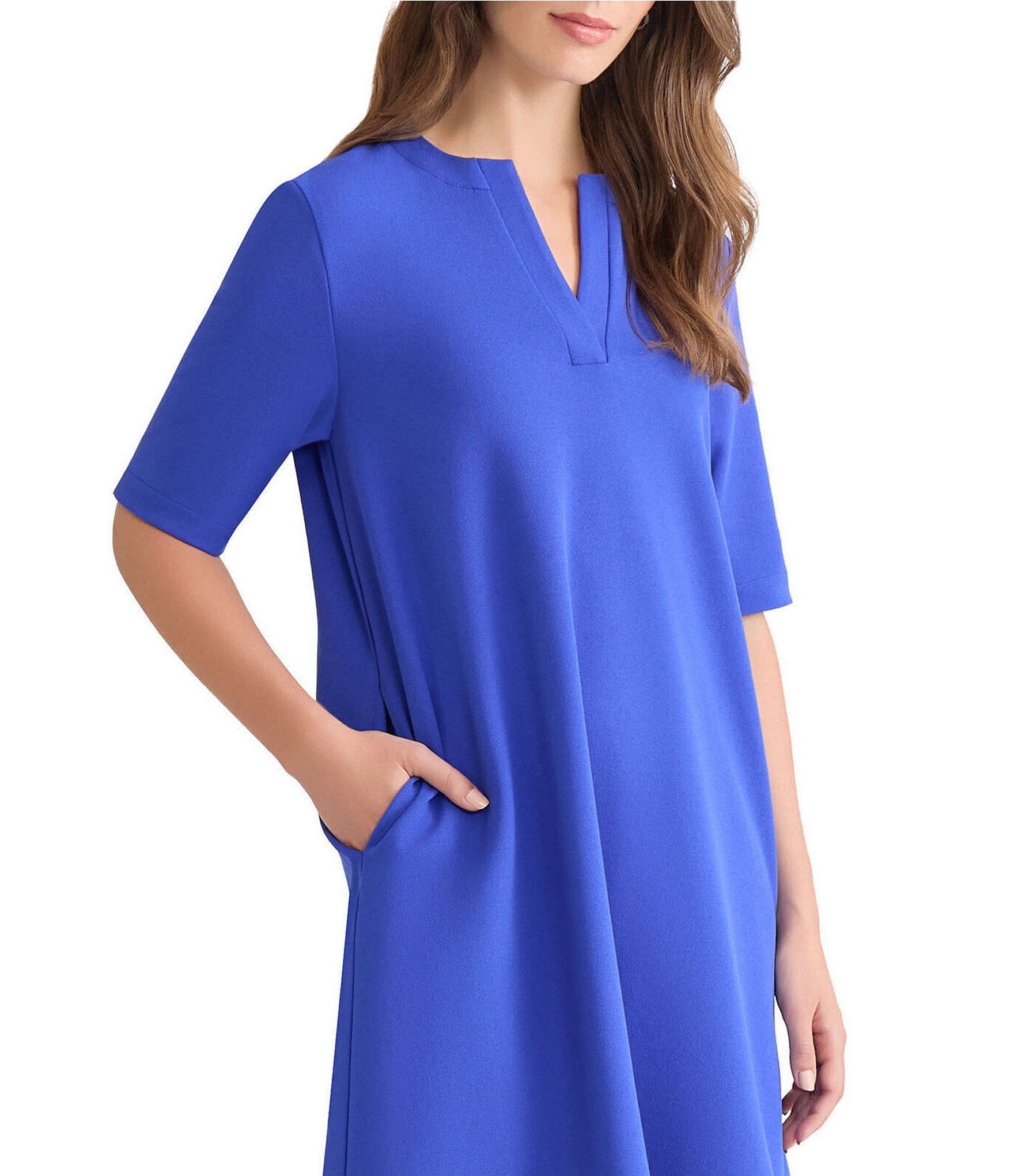 Ming Wang Stretch Crepe Split V-Neck Short Sleeve A-Line Dress