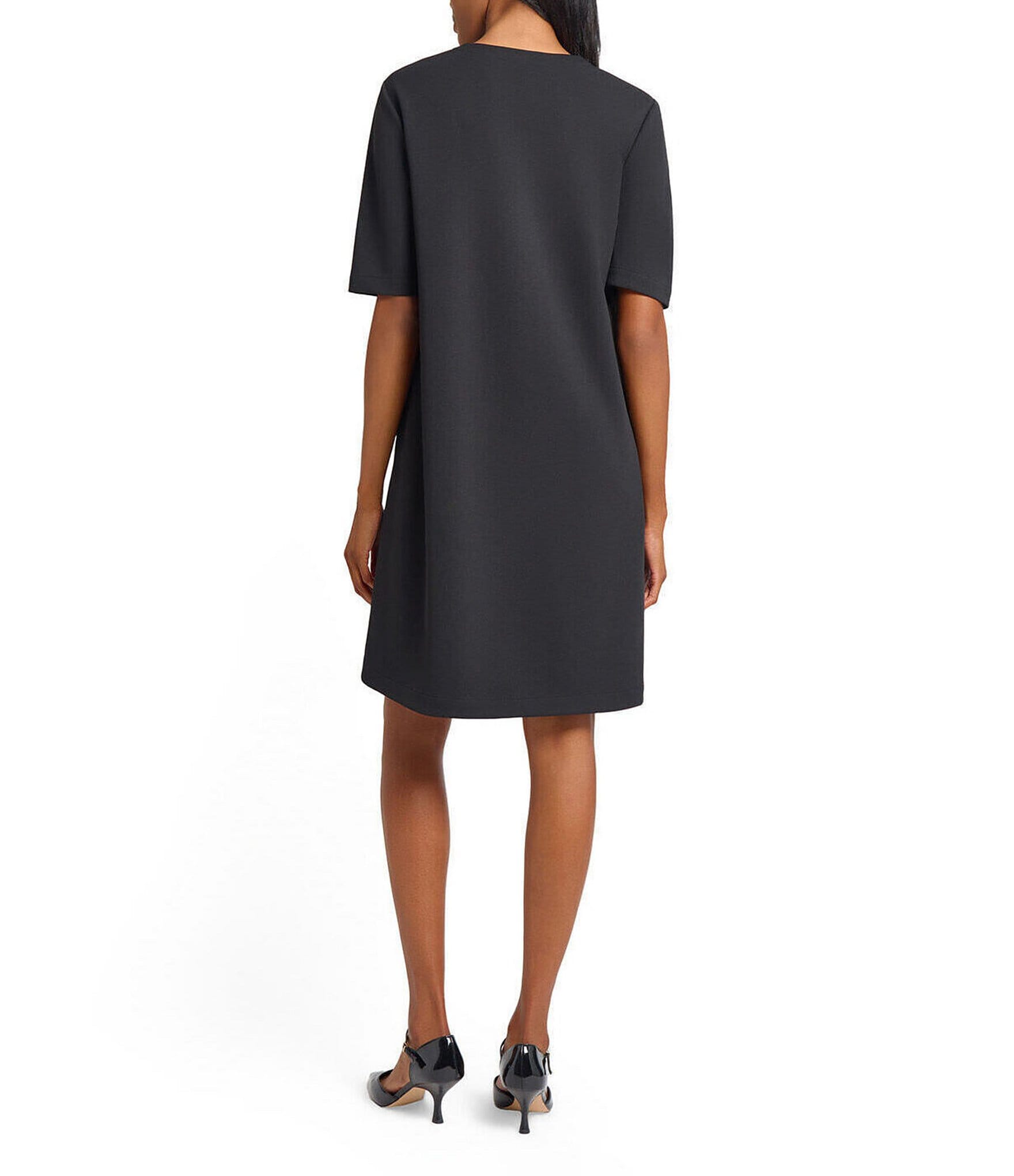 Ming Wang Stretch Crepe Split V-Neck Short Sleeve A-Line Dress