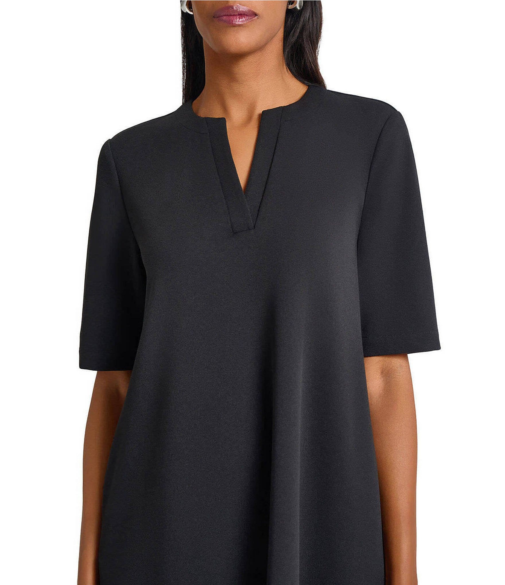 Ming Wang Stretch Crepe Split V-Neck Short Sleeve A-Line Dress