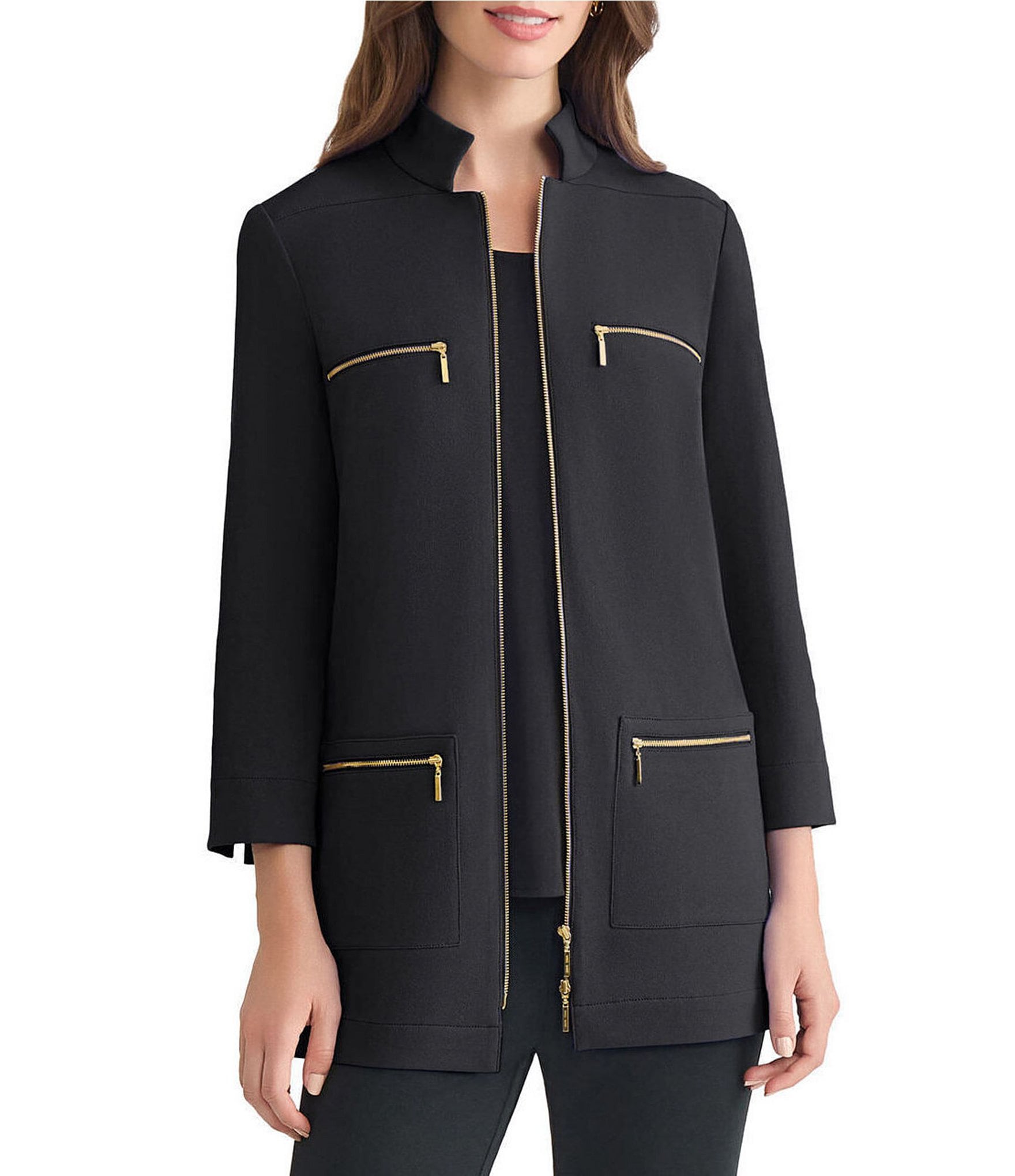 Ming Wang Stretch Crepe Stand Collar Bracelet Sleeve Zip