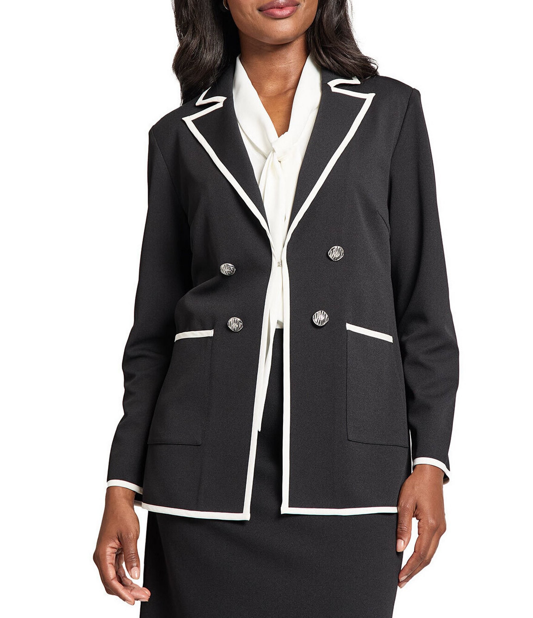 Ming Wang Stretch Deco Crepe Peak Collar Long Sleeve