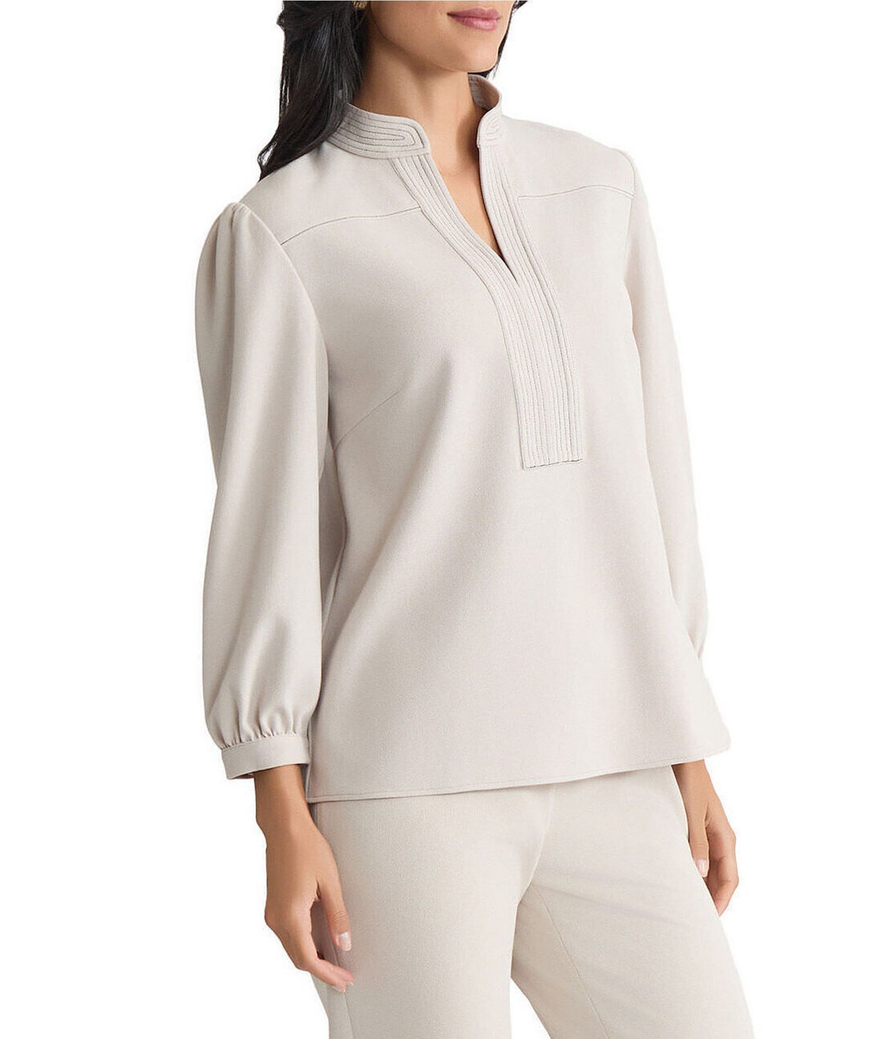Ming Wang Stretch Deco Crepe Stand Collar V-Neck Elbow Balloon Sleeve Blouse