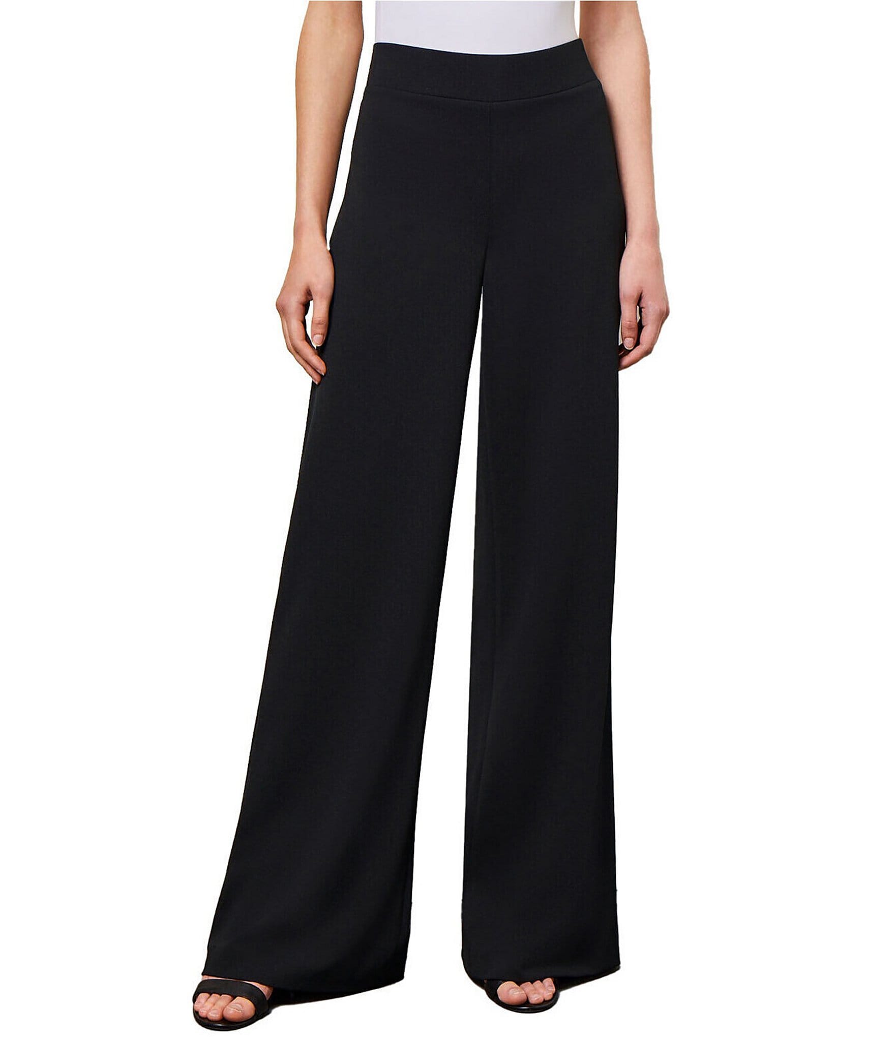Ming Wang Stretch Deco Crepe Woven Straight Wide-Leg Pull-On Pants ...