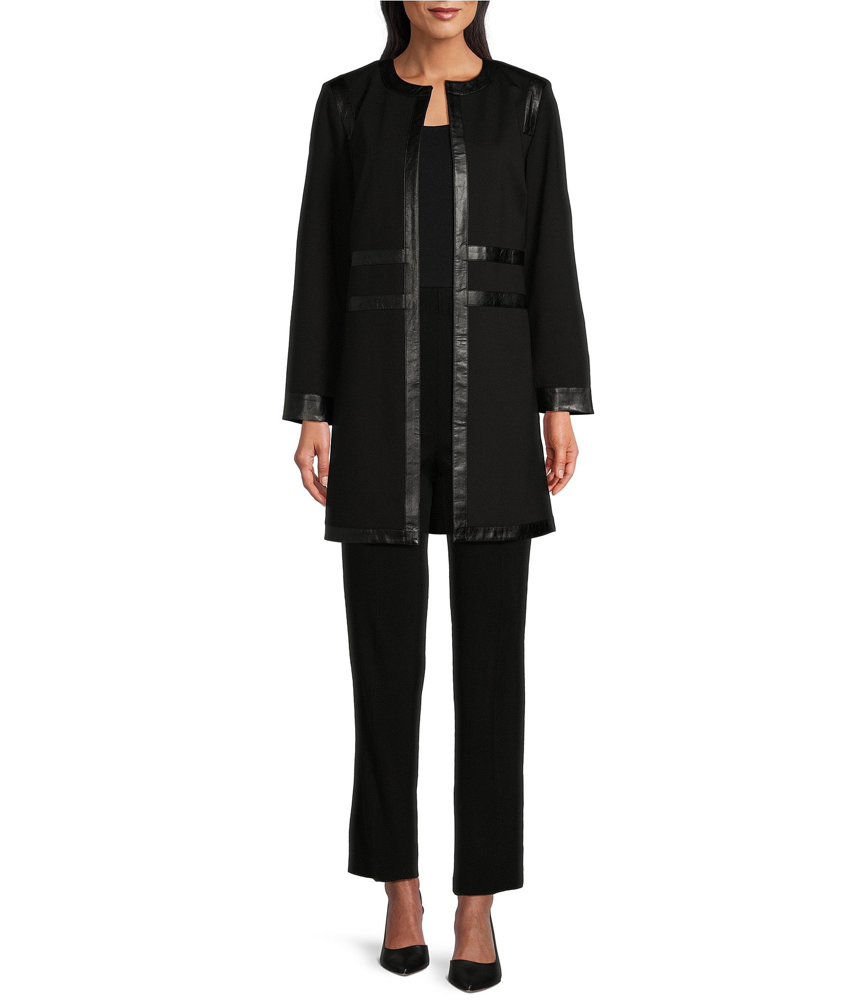 Ming Wang Stretch Ponte Faux Leather Trim Round Neck Long Sleeve Jacket