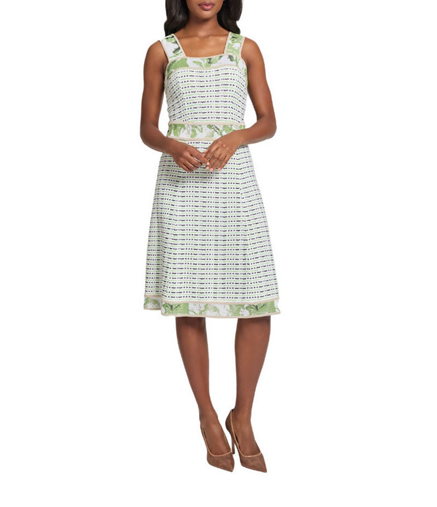 Ming Wang Stripe Knit Square Neck Sleeveless Fit-And-Flare Dress