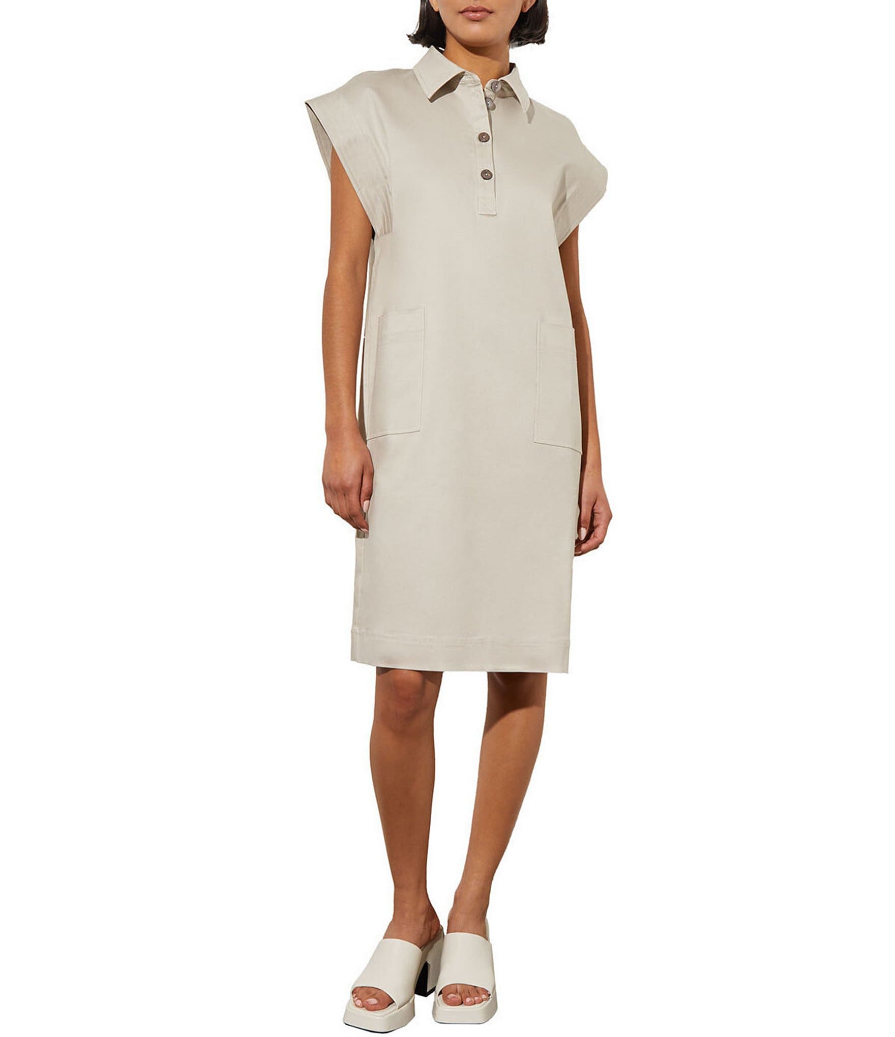 Ming Wang Tencel Stretch Button Front Point Collar Cap Sleeve Patch ...