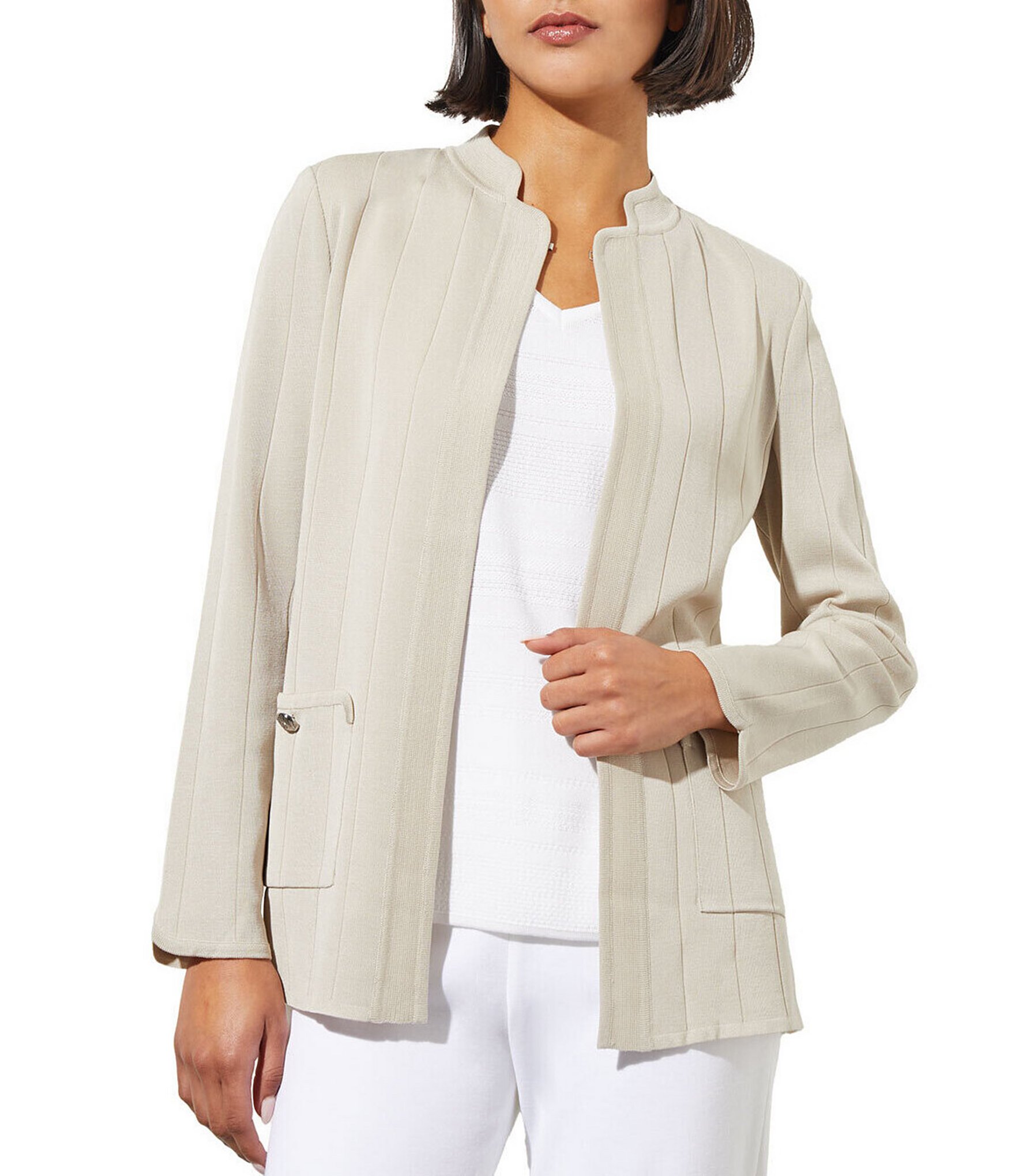 Ming Wang Textured Knit Mandarin Collar Long Sleeve Jacket | Dillard's