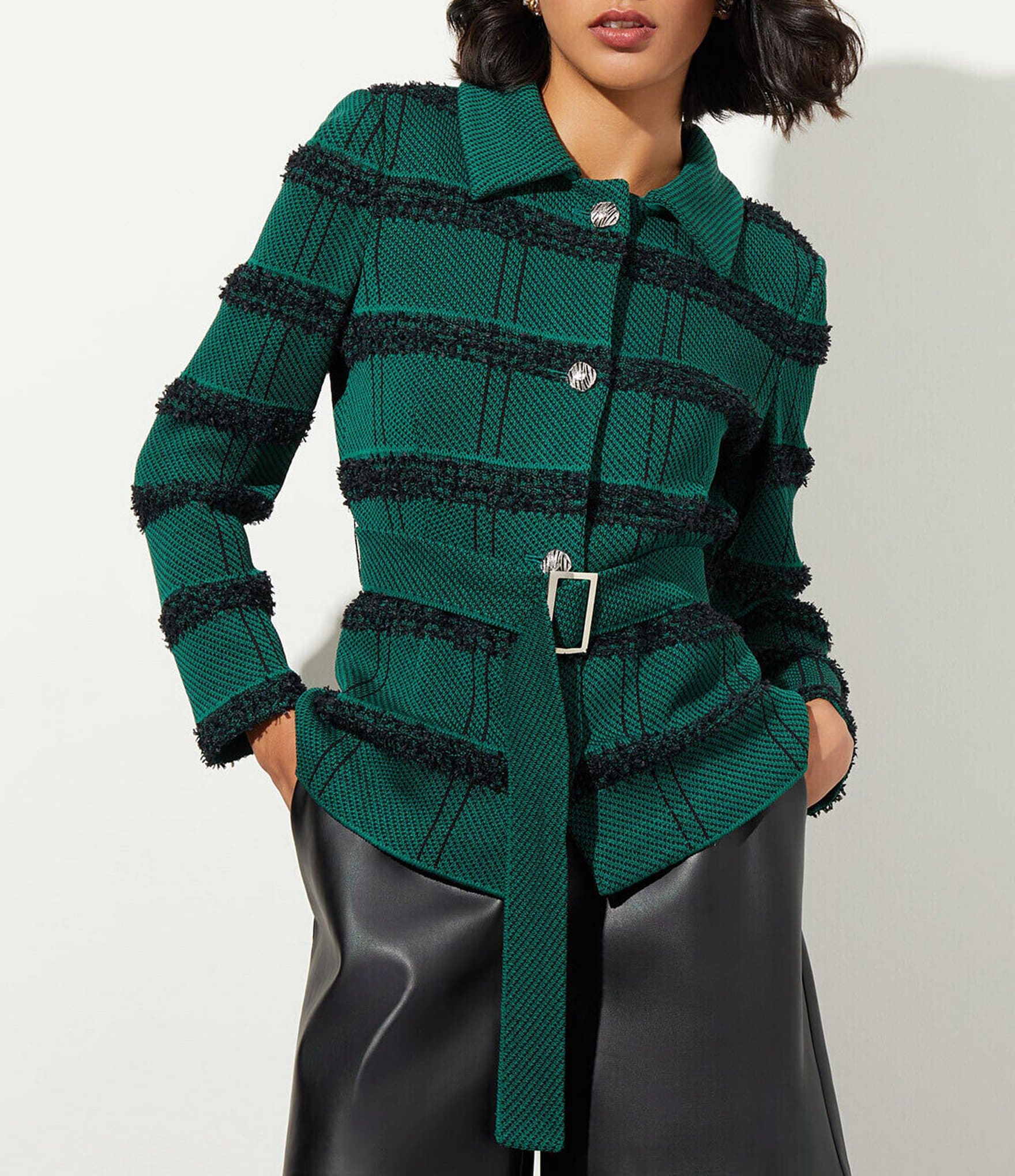 Ming Wang Textured Tweed Contrasting Stripe Point Collar Long Sleeve Button  Front Belted Jacket | Dillard's