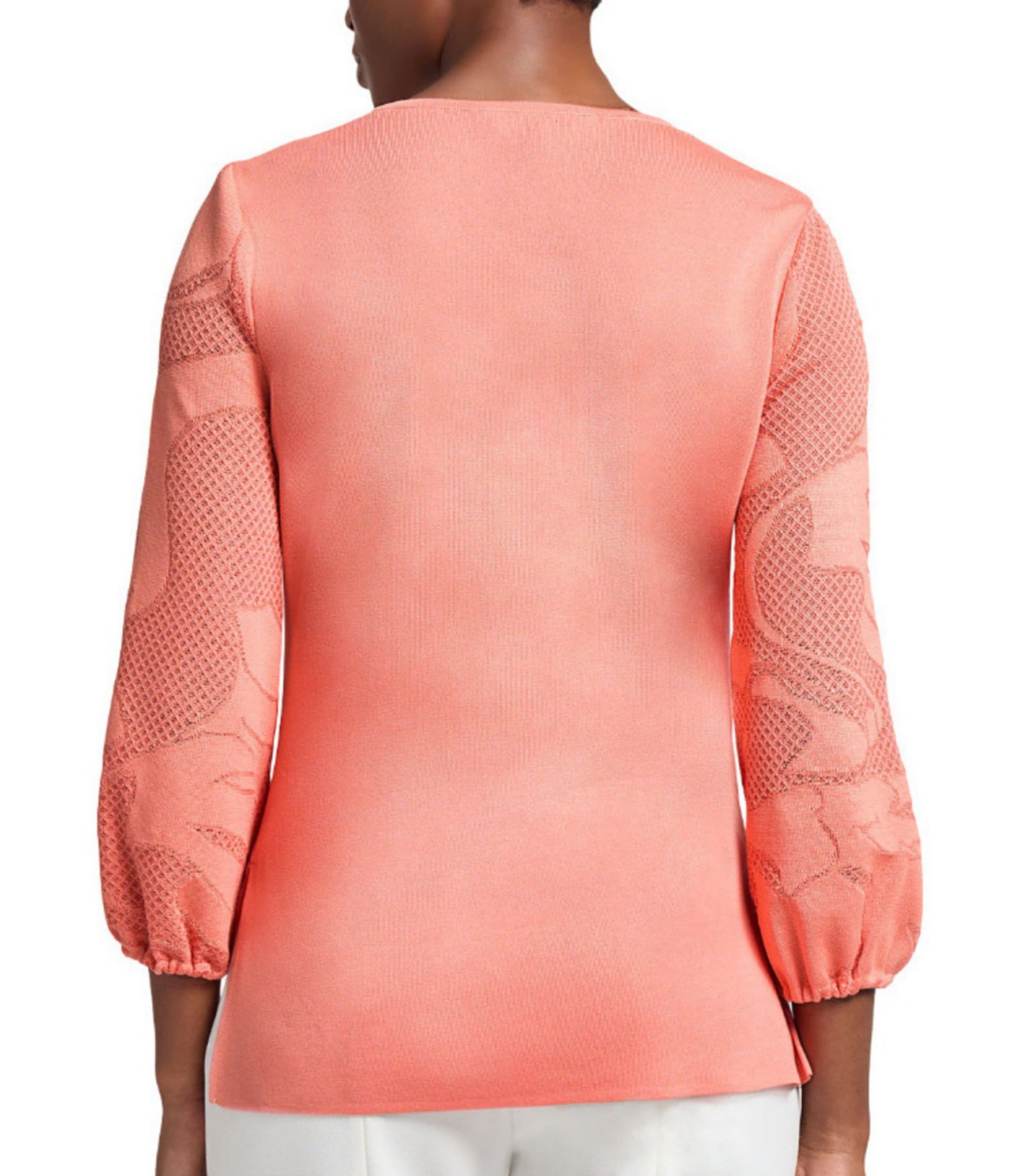 Ming Wang Tonal Texture Knit V-Neck Bracelet Sleeve Top