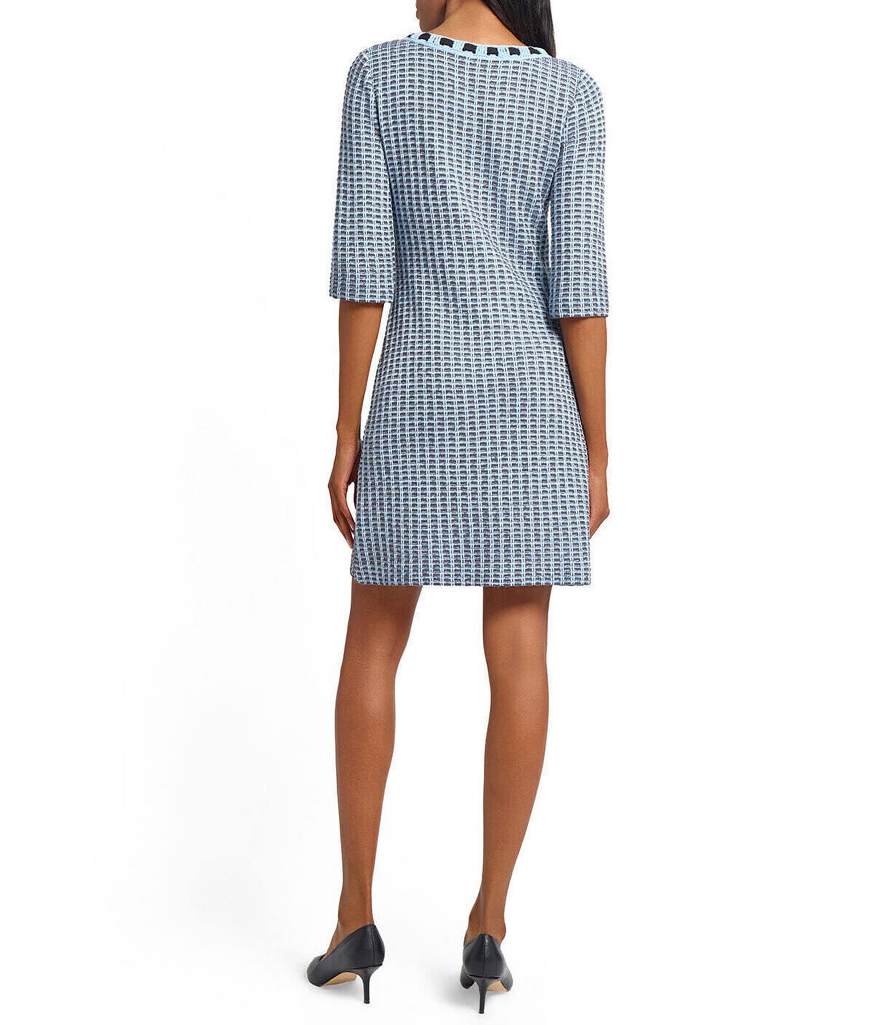 Ming Wang Tweed Knit Crochet Bow Round Neck Elbow Sleeve Sheath Dress