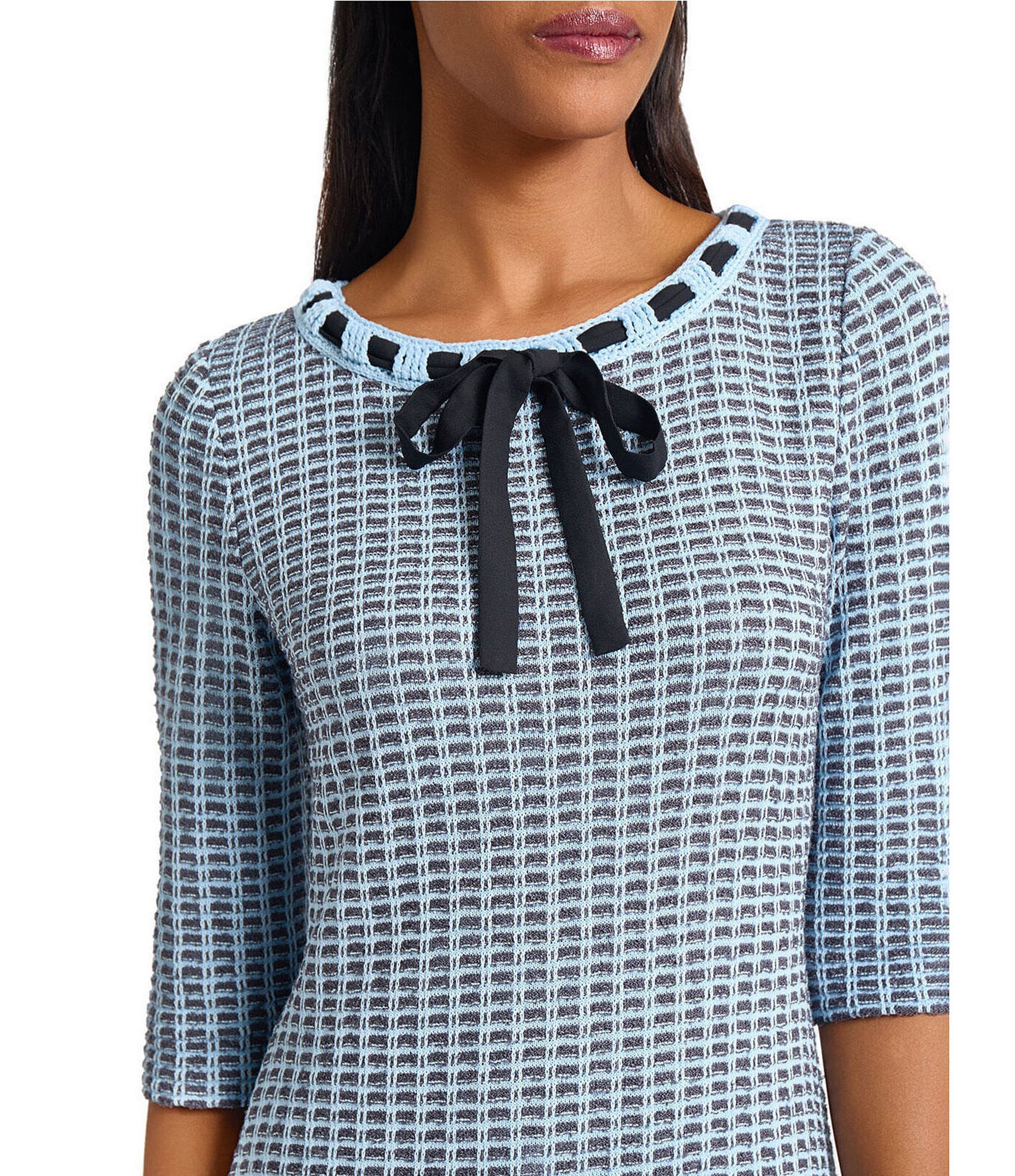 Ming Wang Tweed Knit Crochet Bow Round Neck Elbow Sleeve Sheath Dress