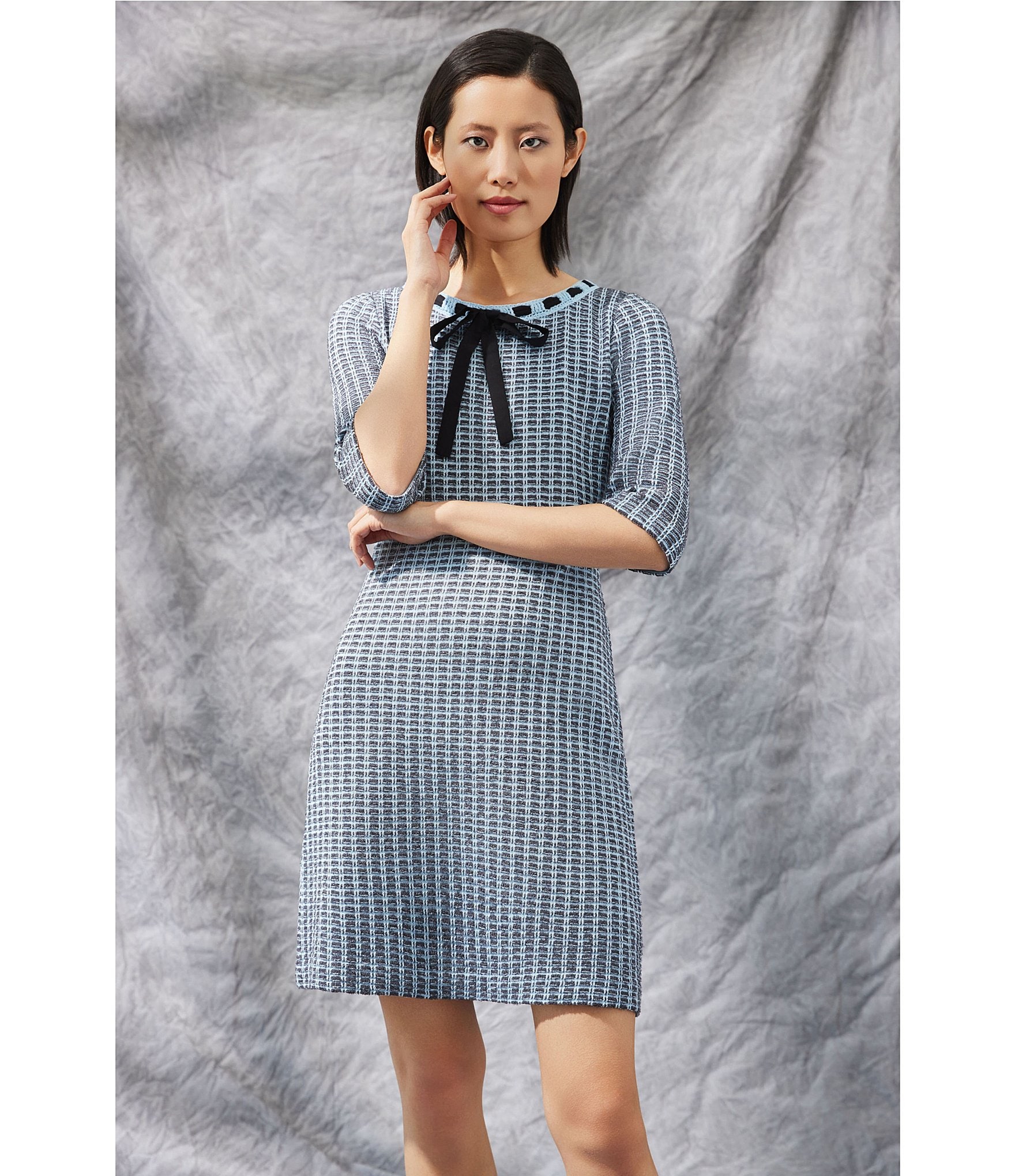 Ming Wang Tweed Knit Crochet Bow Round Neck Elbow Sleeve Sheath Dress