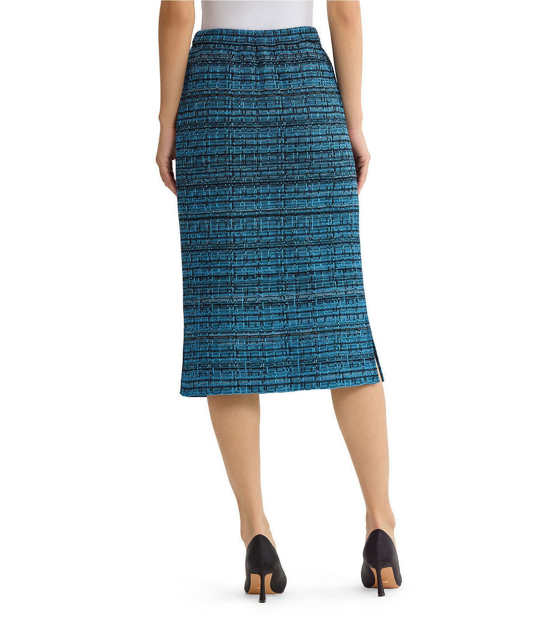 Ming Wang Tweed Knit Plaid No-Roll Elastic Waist Pull-On Skirt