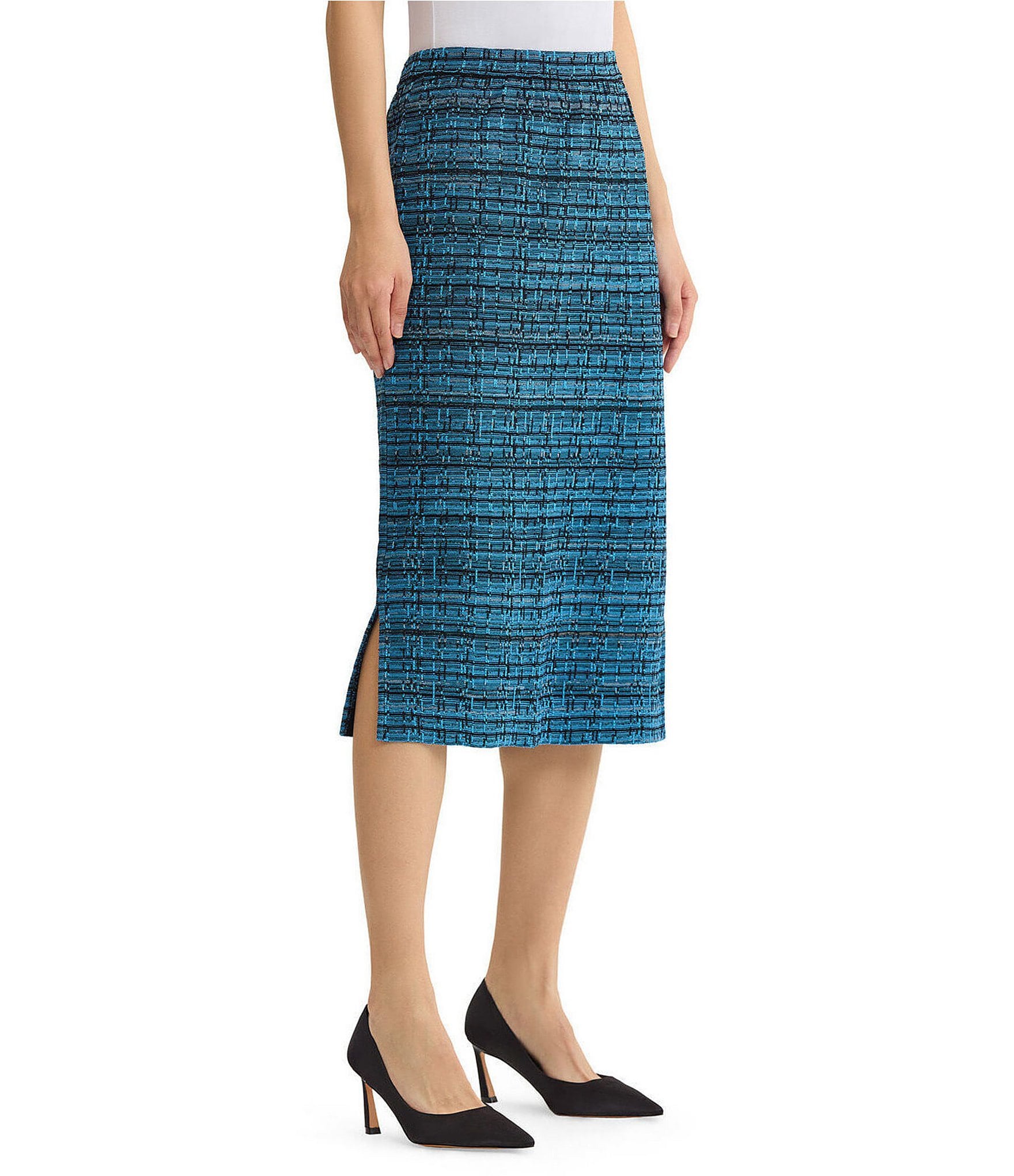 Ming Wang Tweed Knit Plaid No-Roll Elastic Waist Pull-On Skirt
