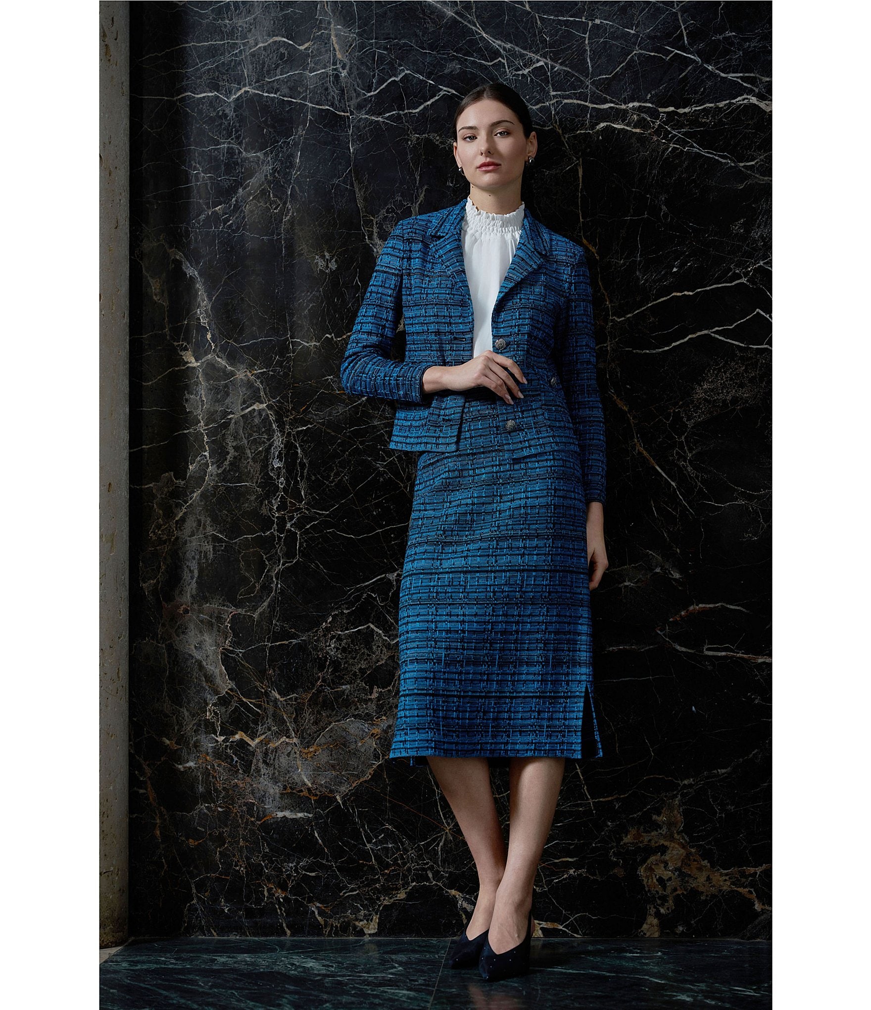 Ming Wang Tweed Knit Plaid No-Roll Elastic Waist Pull-On Skirt