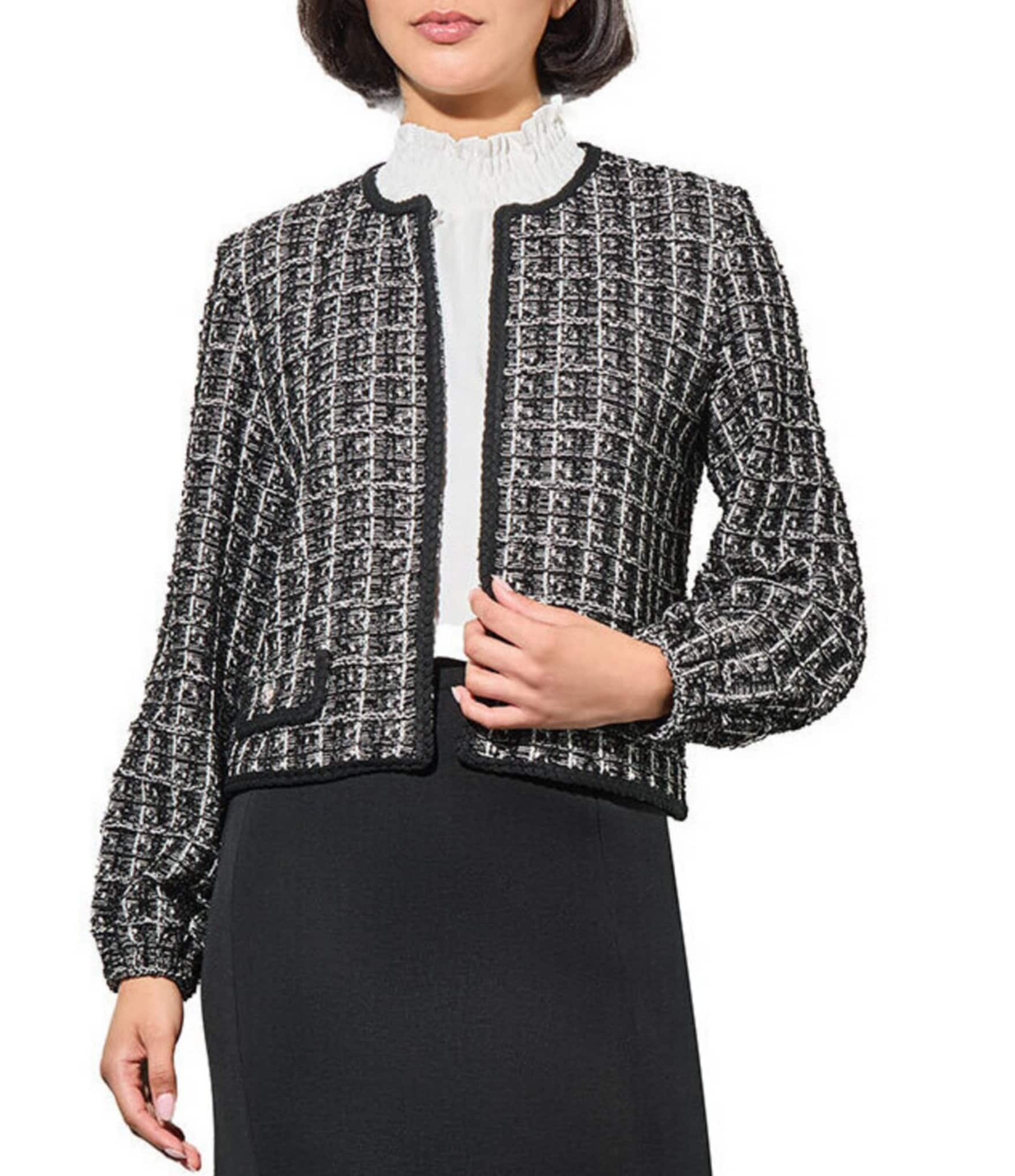 Ming Wang Tweed Knit Printed Crew Neck Long Sleeve Contrast Trim Jacket Dillard S