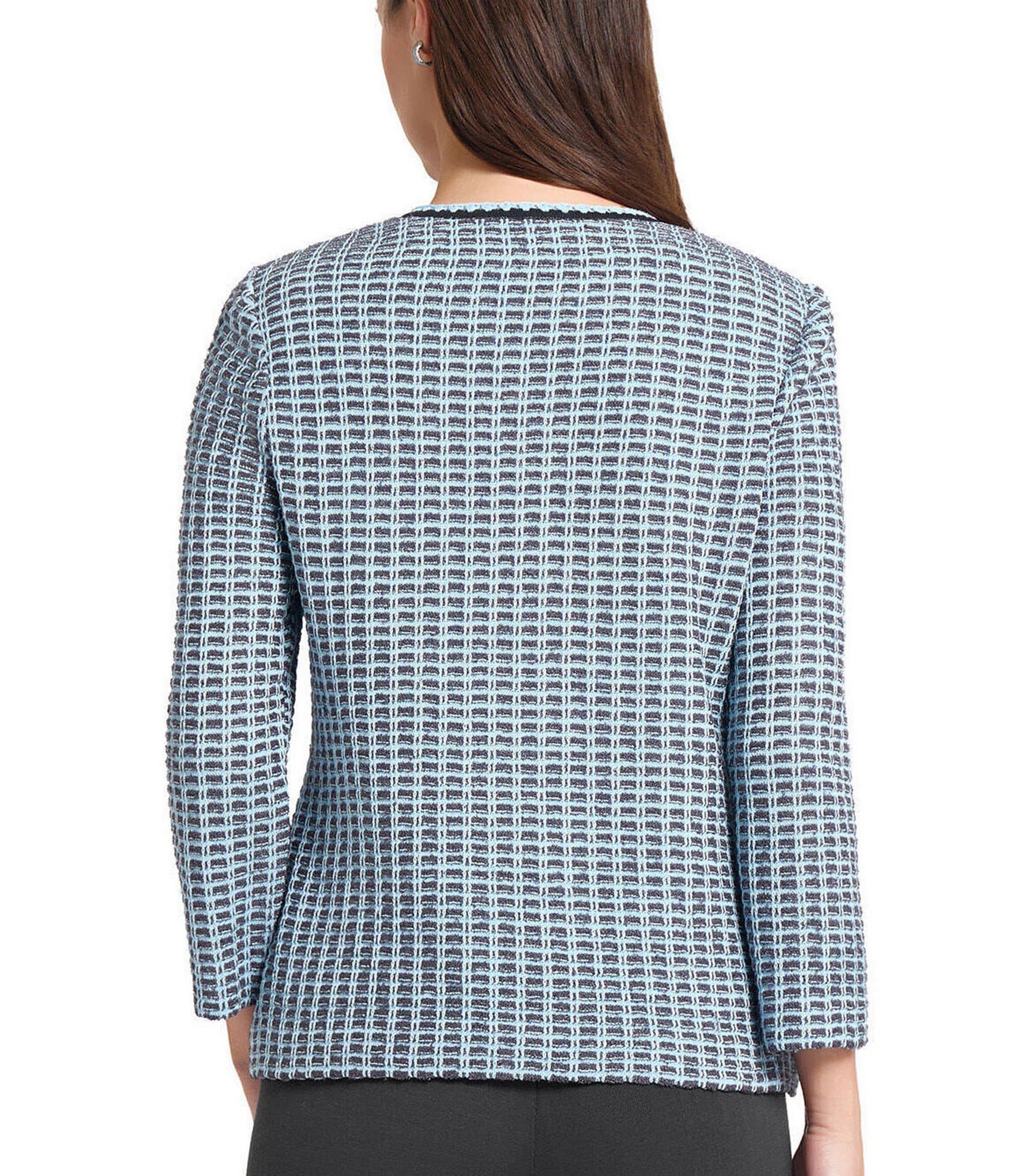 Ming Wang Tweed Knit Round Neck Bracelet Sleeve Crochet Trim Jacket