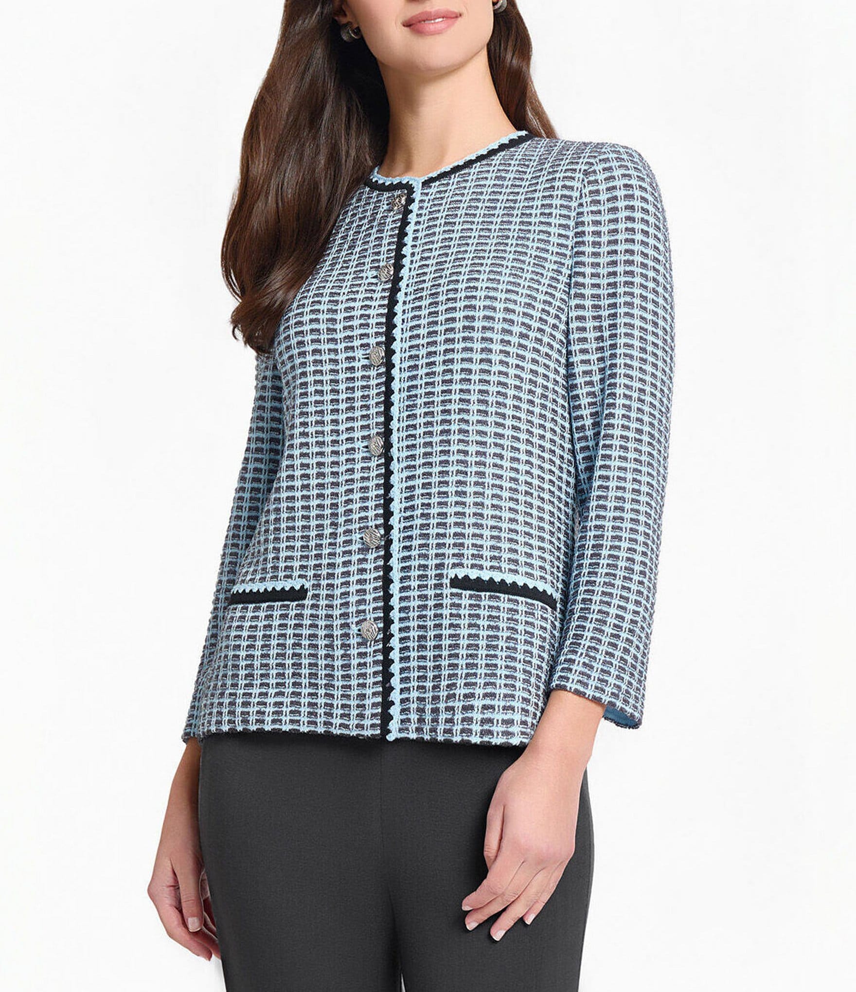 Ming Wang Tweed Knit Round Neck Bracelet Sleeve Crochet Trim Jacket