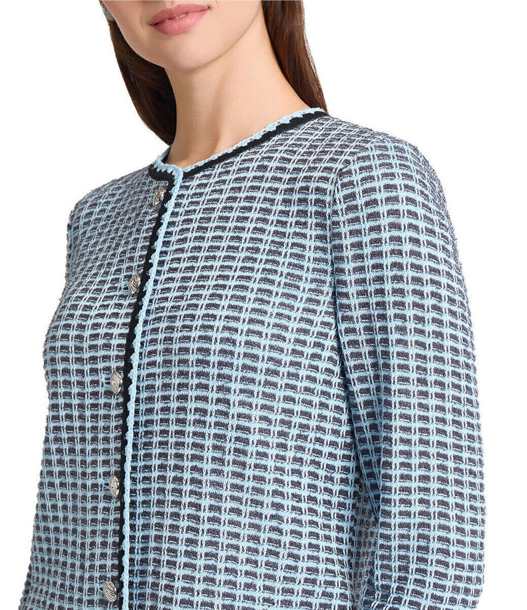 Ming Wang Tweed Knit Round Neck Bracelet Sleeve Crochet Trim Jacket