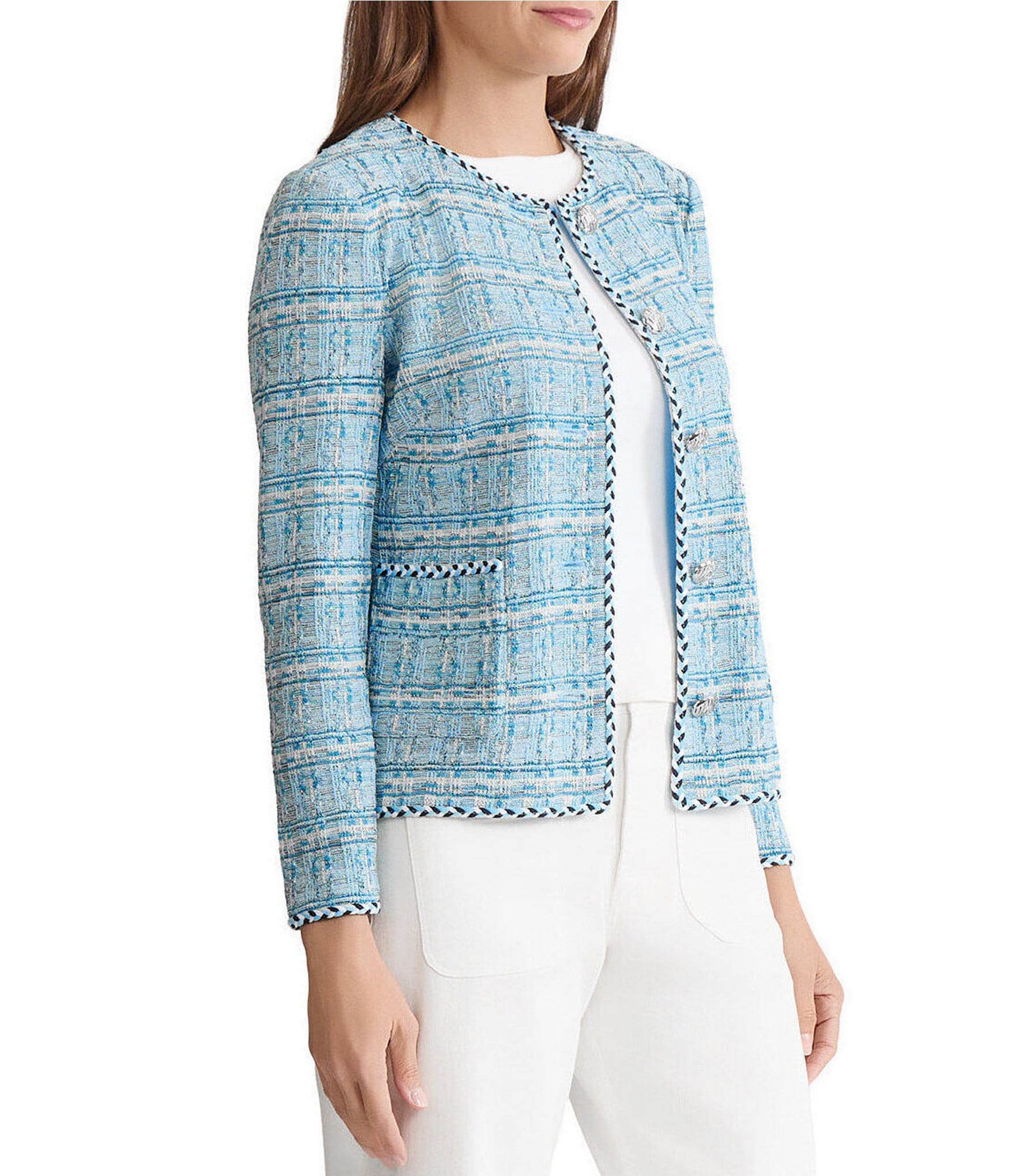 Ming Wang Tweed Knit Round Neck Long Sleeve Button Front Jacket