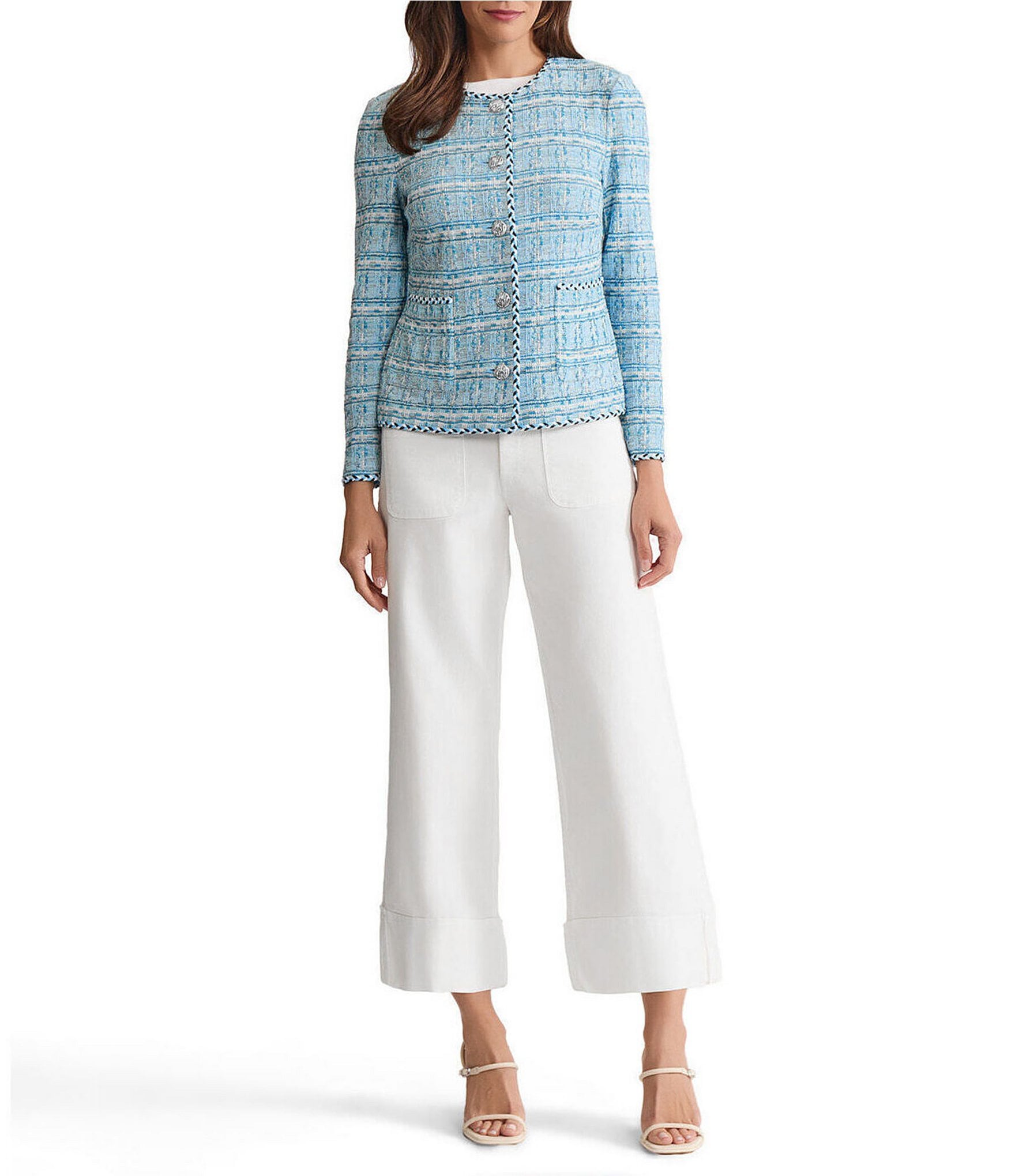 Ming Wang Tweed Knit Round Neck Long Sleeve Button Front Jacket