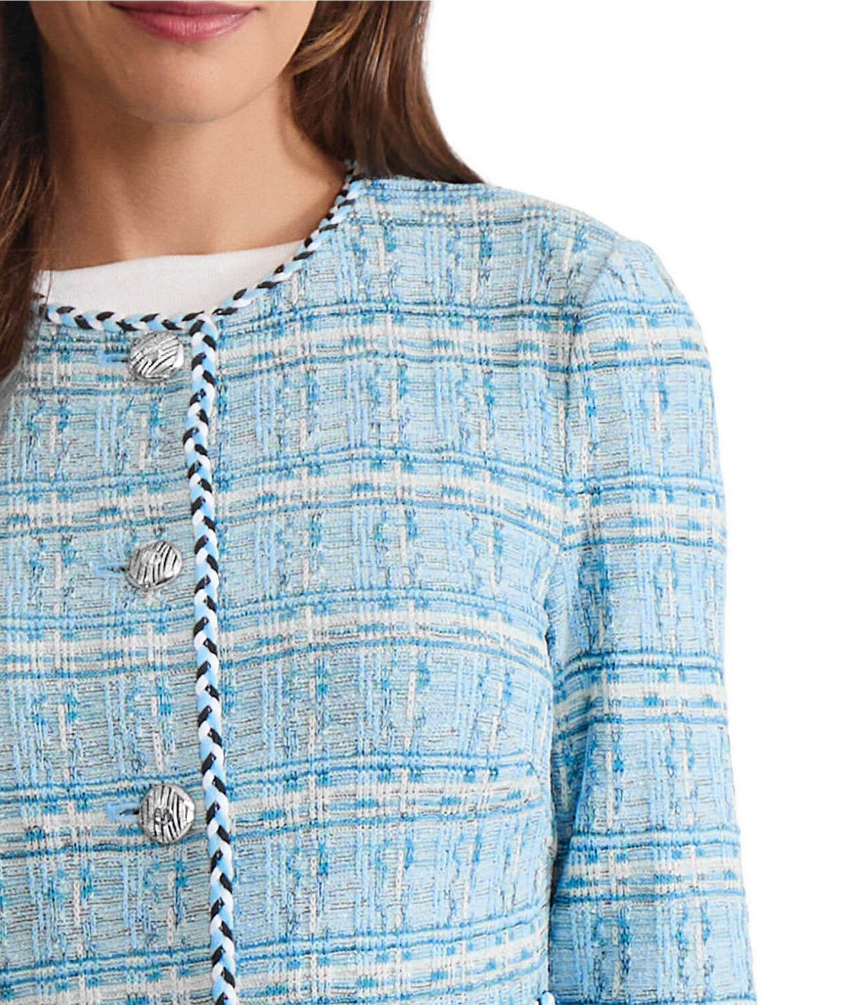 Ming Wang Tweed Knit Round Neck Long Sleeve Button Front Jacket