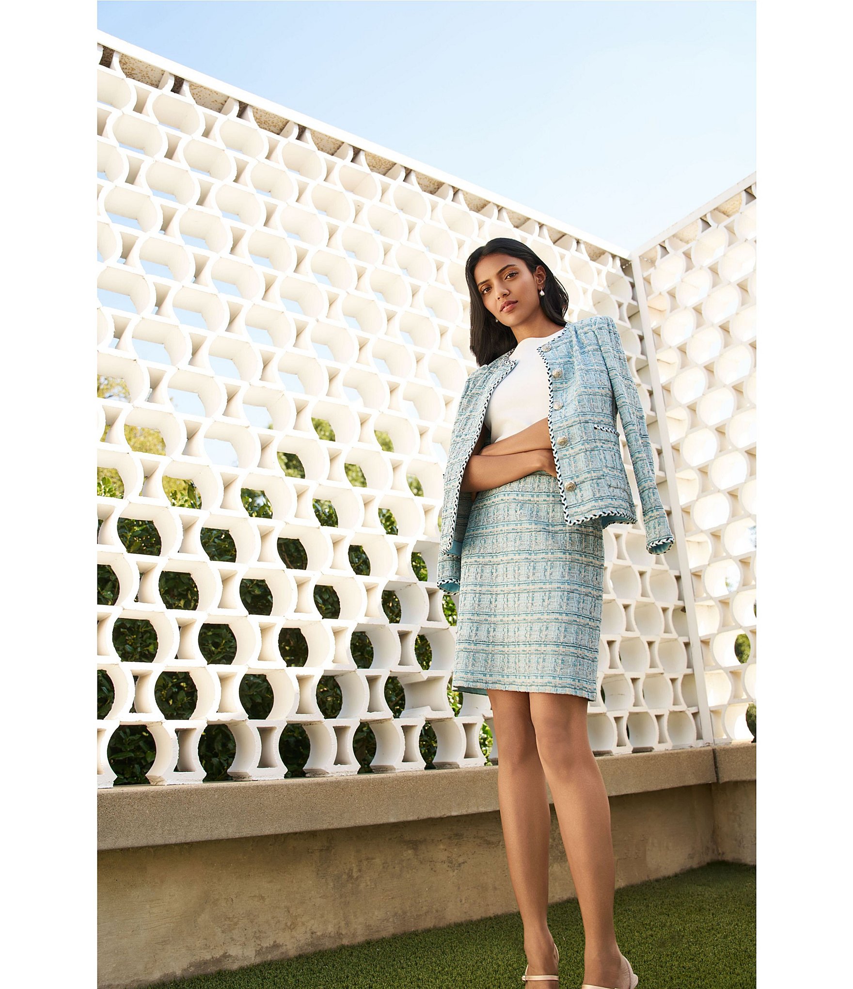 Ming Wang Tweed Knit Round Neck Long Sleeve Button Front Jacket