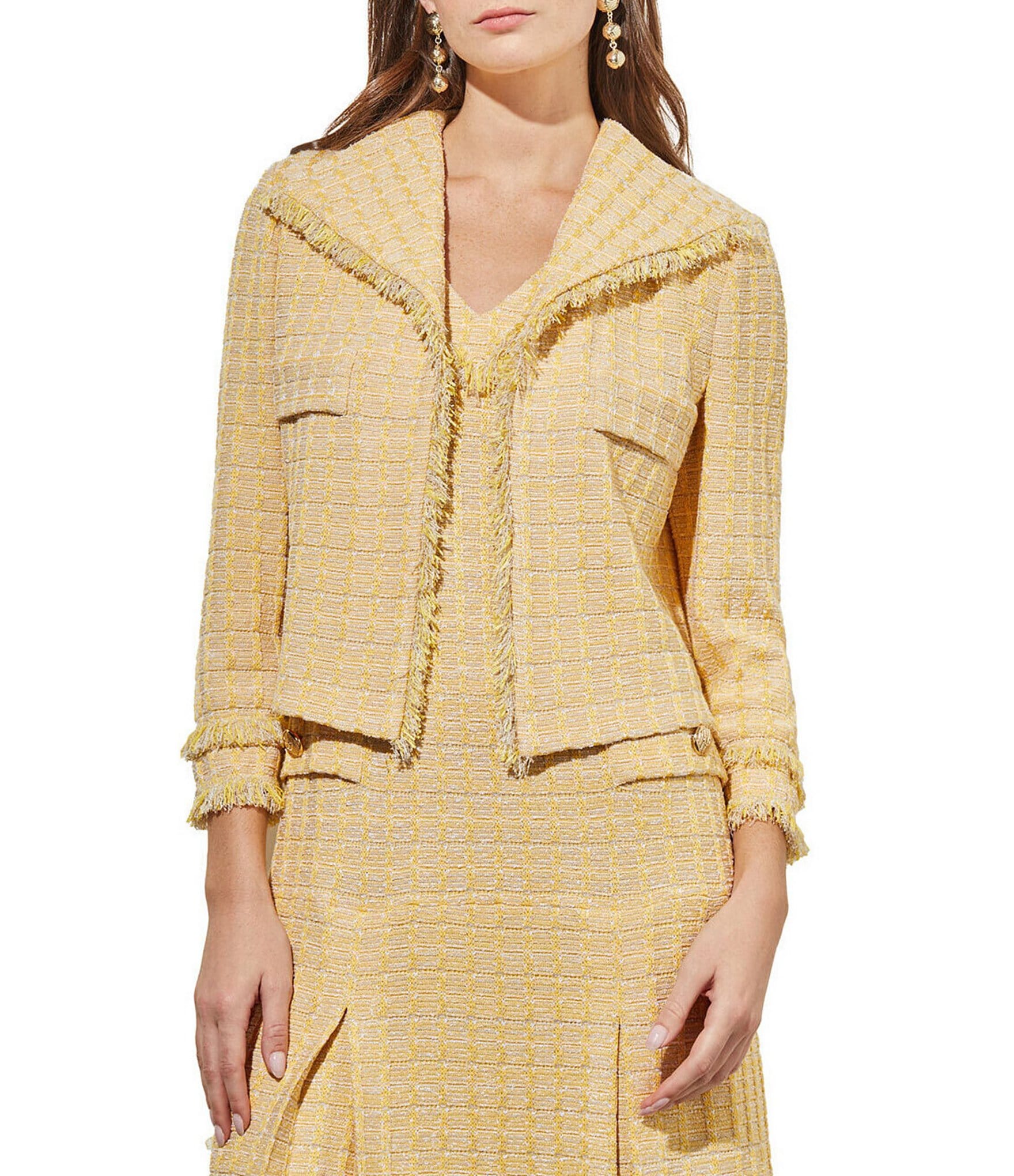 Ming Wang Tweed Knit Spread Wing Collar Shoulder Pads Fringe