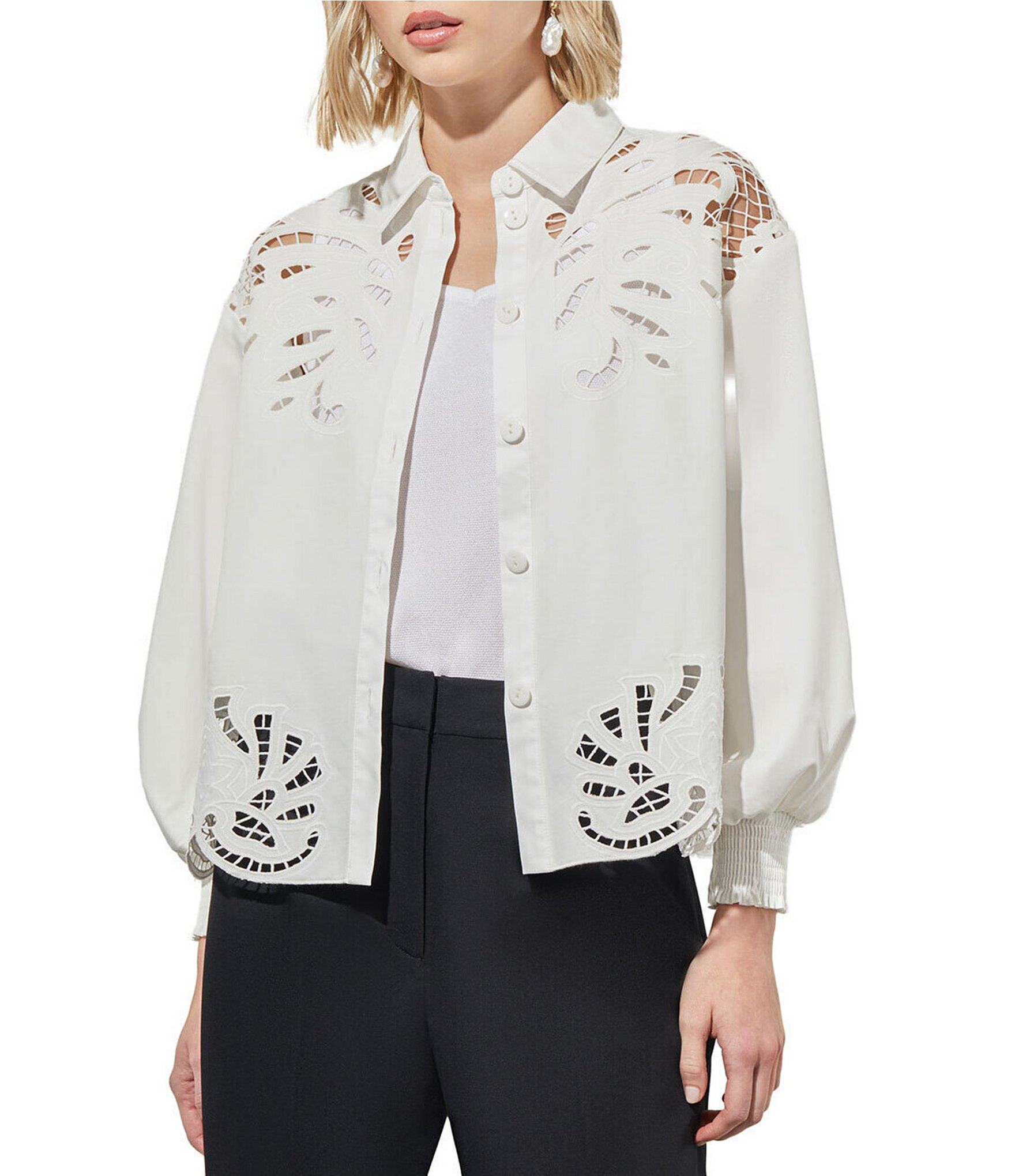 Ming Wang Western Stretch Cotton Floral Lace Cut-Out Point Collar Long Bishop Sleeve Blouse