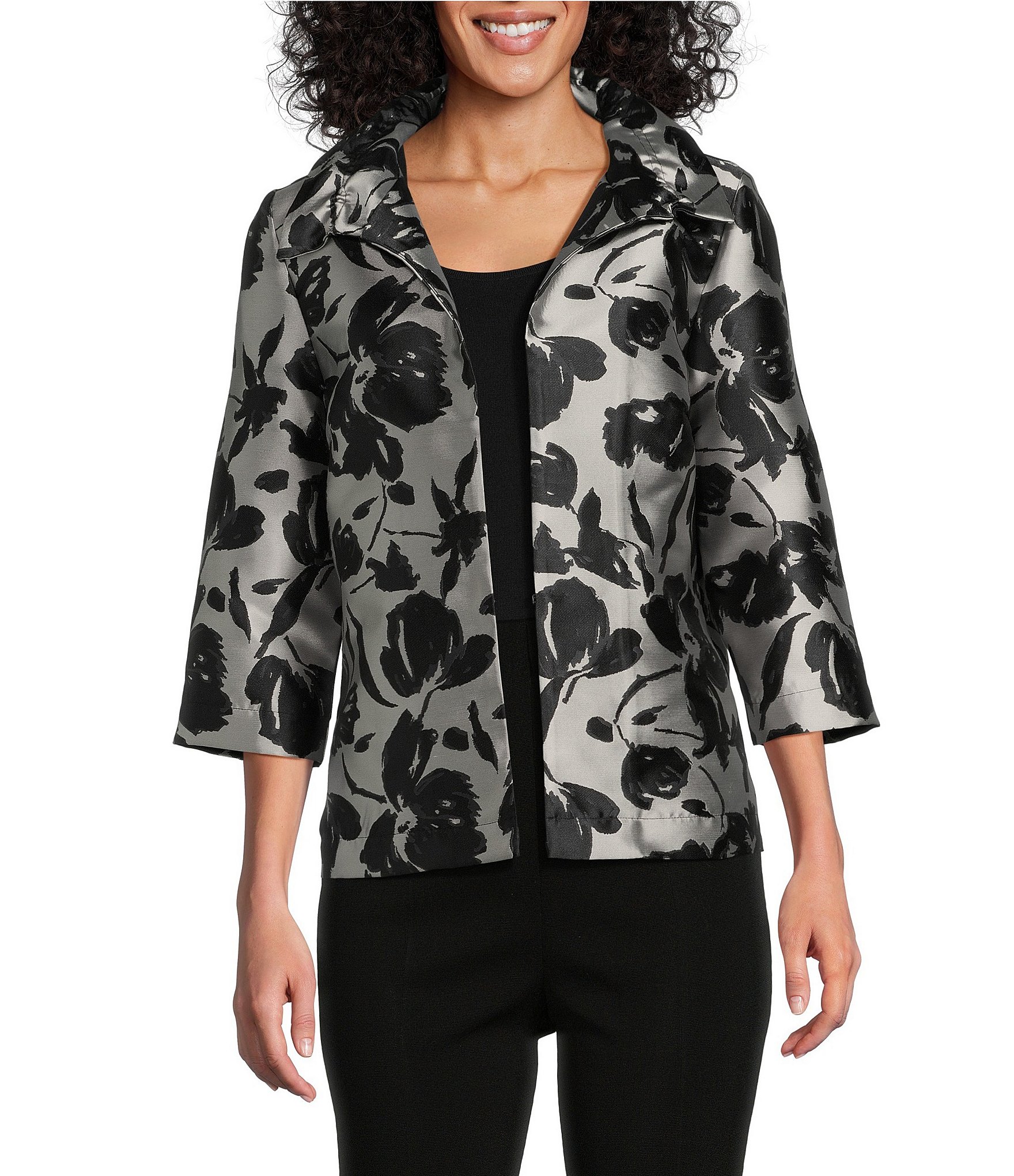 Ming Wang Woven Floral Ruched Collar 3/4 Sleeve Jacket Ming Wang Woven Floral Ruched Collar 3/4 Sleeve Jacket