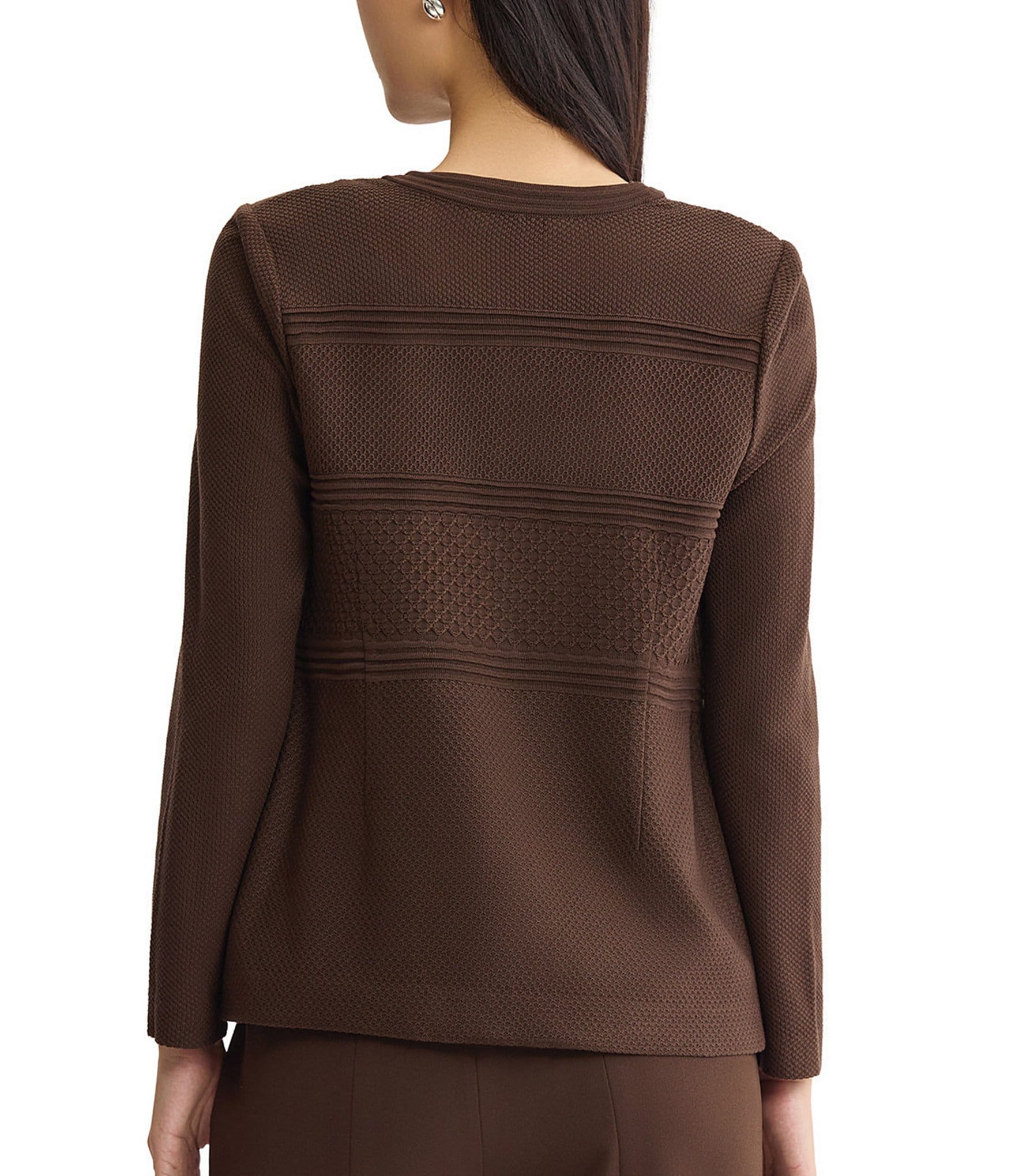 Ming Wang Wrinkle Resistant Tailored Pointelle Knit Ribbed Trim Long Sleeve Jacket