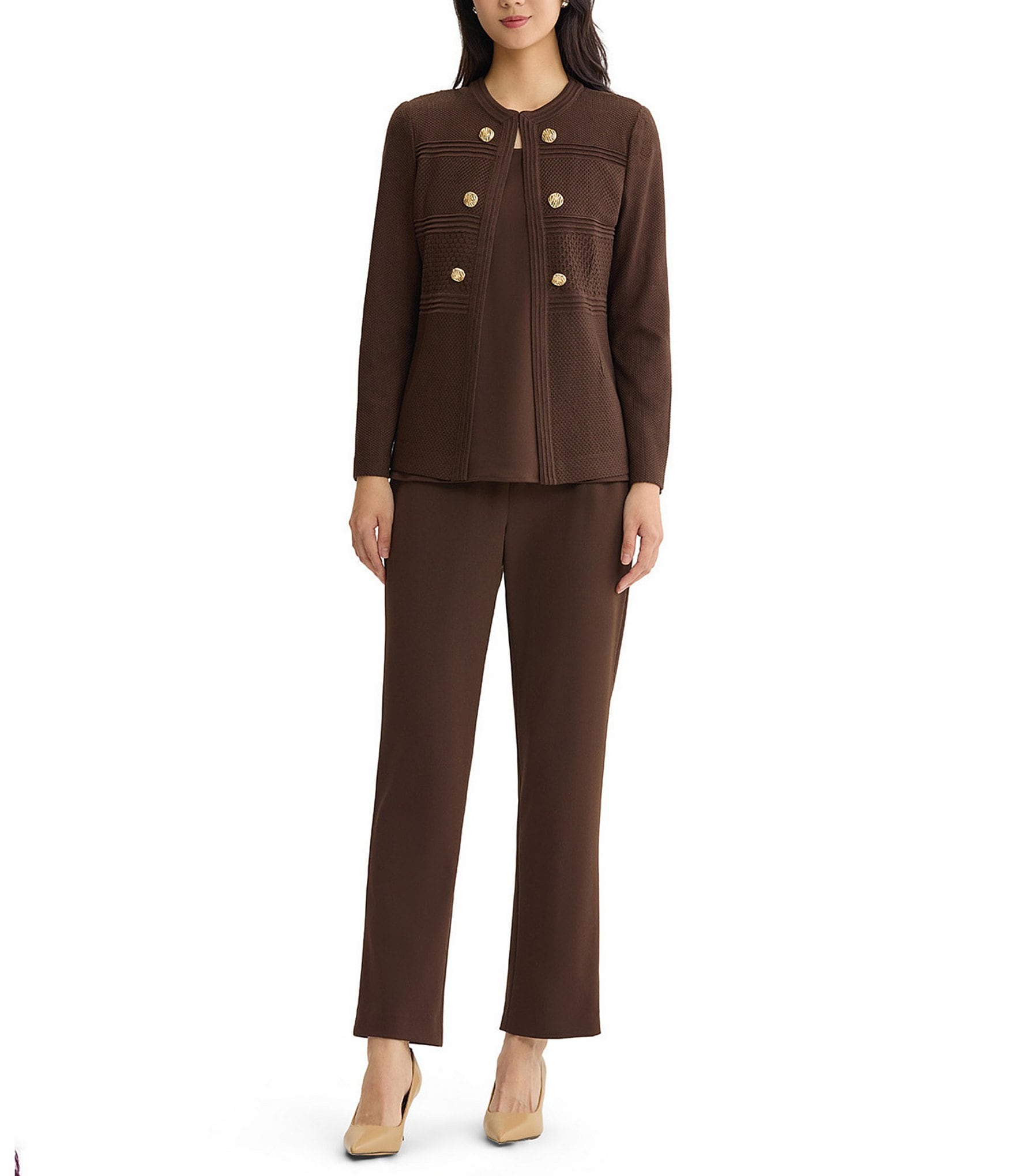 Ming Wang Wrinkle Resistant Tailored Pointelle Knit Ribbed Trim Long Sleeve Jacket