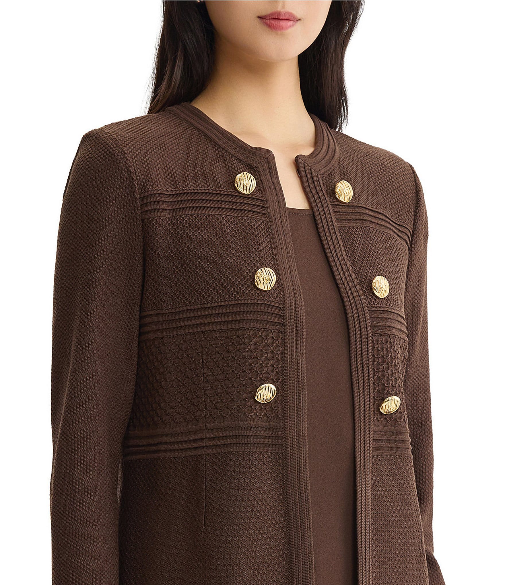 Ming Wang Wrinkle Resistant Tailored Pointelle Knit Ribbed Trim Long Sleeve Jacket
