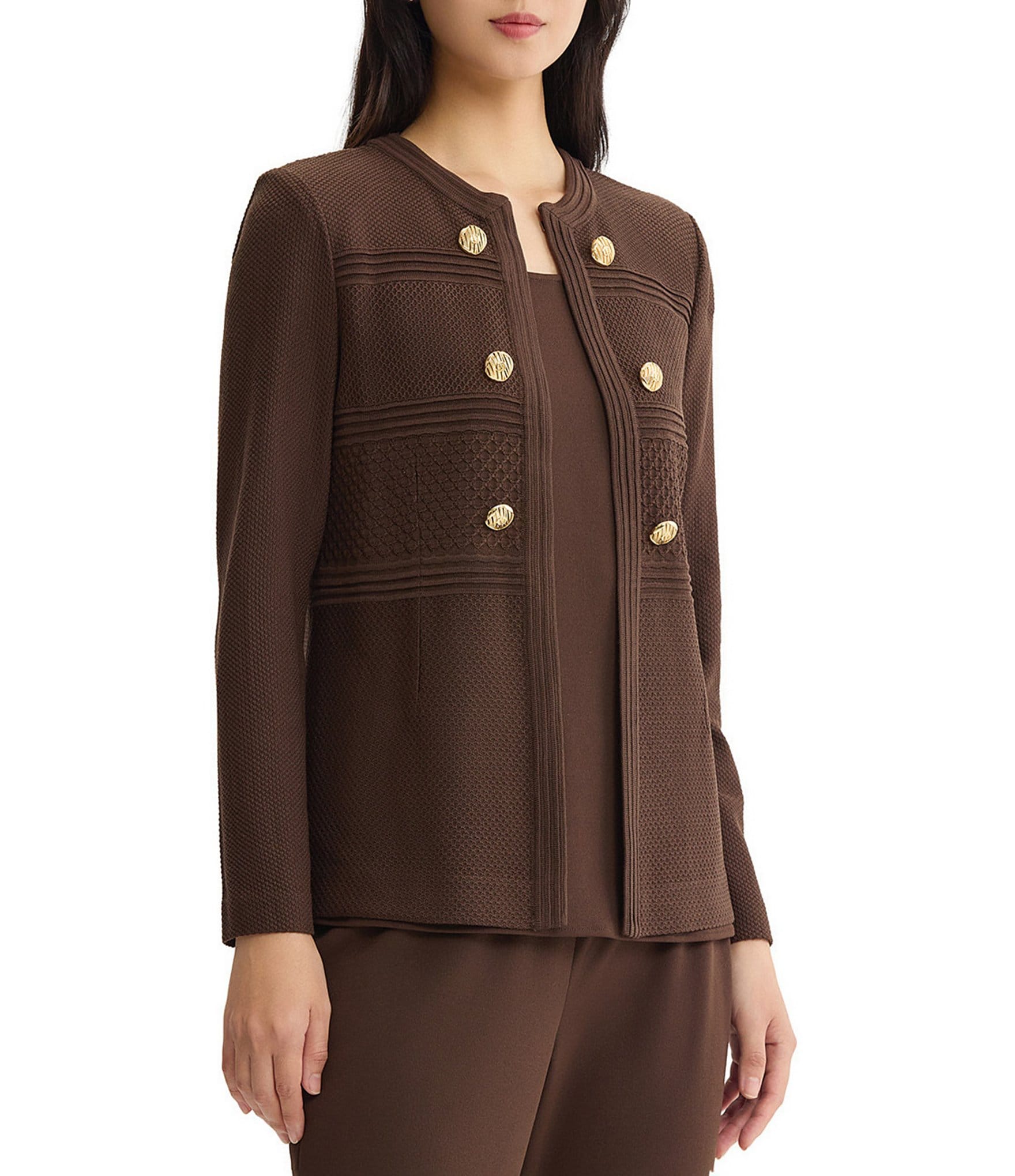 Ming Wang Wrinkle Resistant Tailored Pointelle Knit Ribbed Trim Long Sleeve Jacket