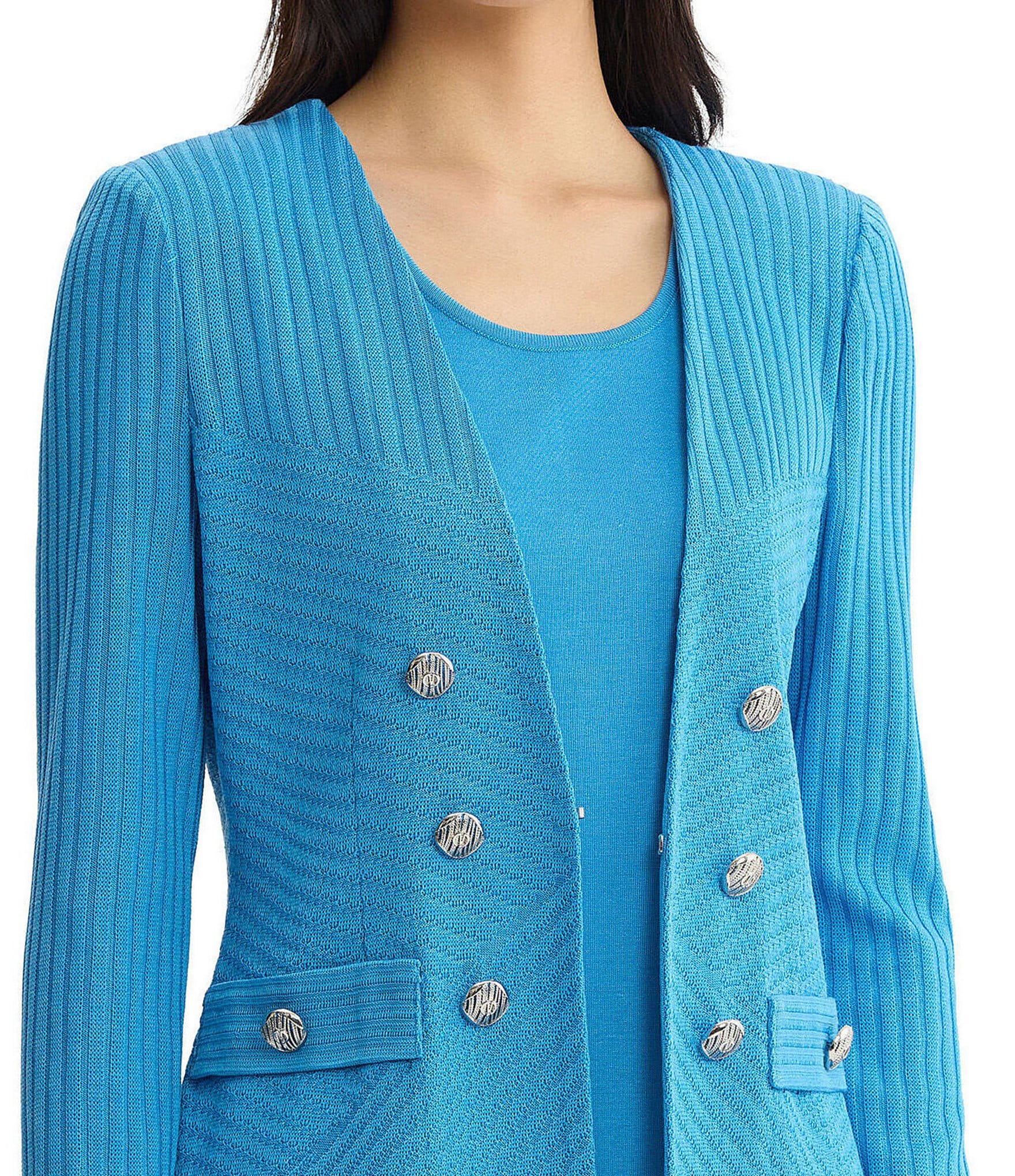 Ming Wang Wrinkle-Resistant Tailored Textural Tonal Knit Long Sleeve Jacket
