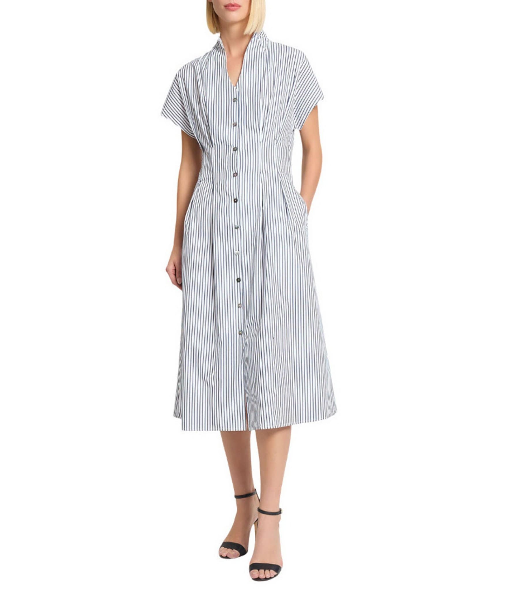 Ming Wang x Tanya Foster Cotton Pinstripe Stand Collar Short Sleeve Fit-And-Flare Dress