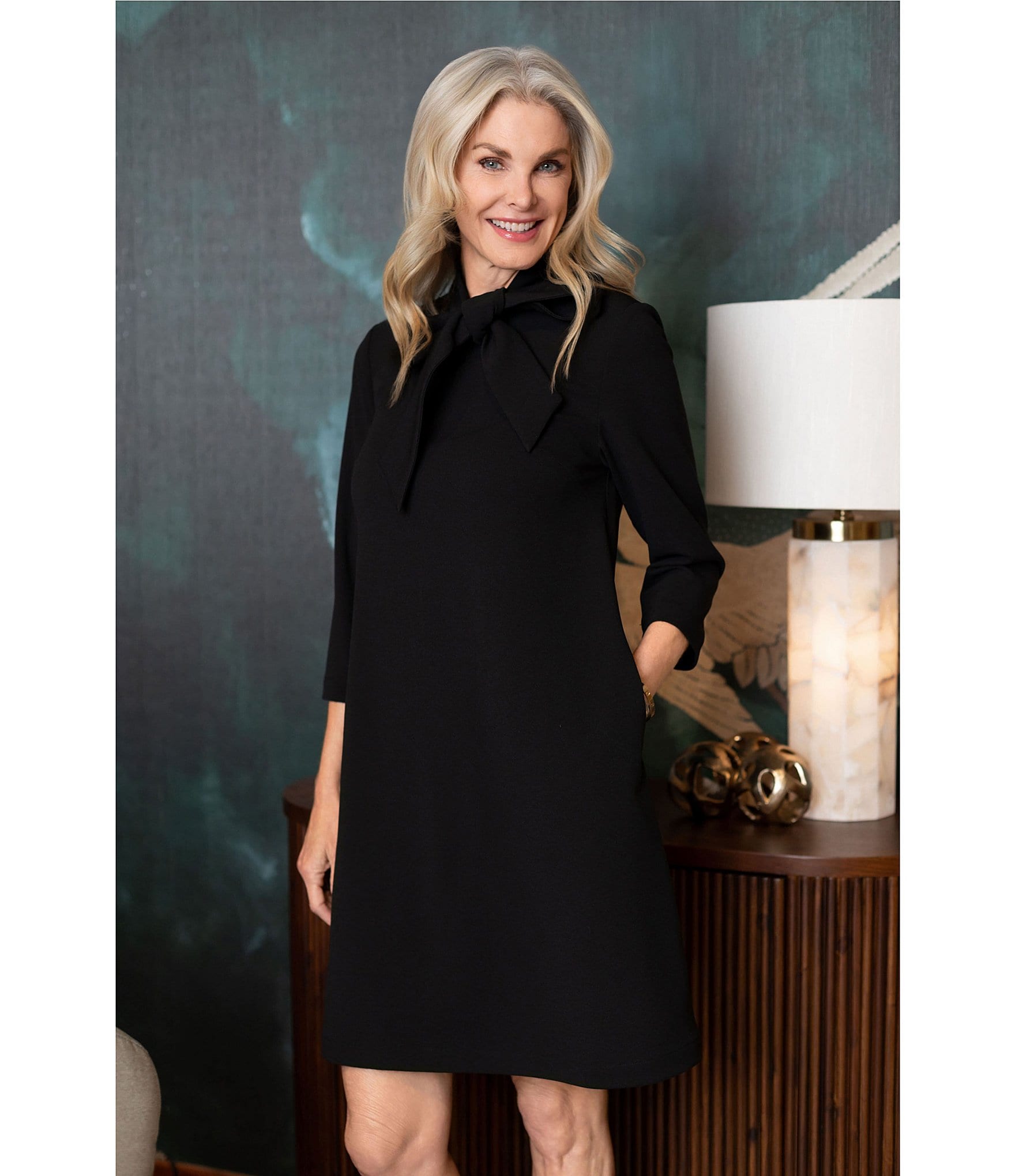 Ming Wang x Tanya Foster Deco Crepe Tie Mock Neck 3/4 Sleeve A-Line Dress