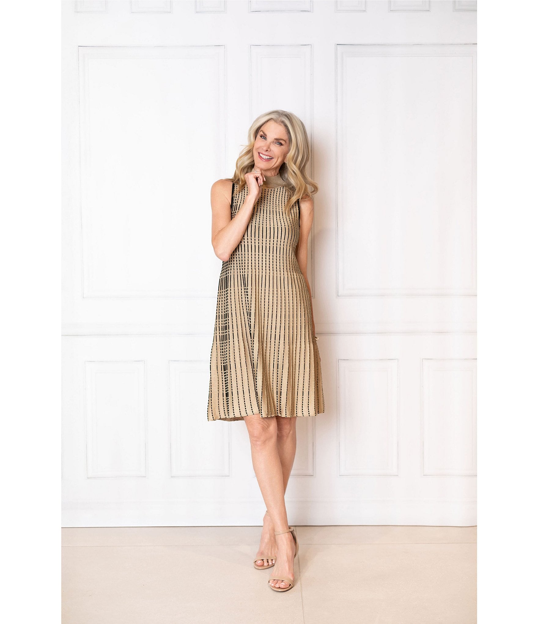 Ming Wang x Tanya Foster Linear Lurex Faux Pleat Soft Knit Mock Neck Sleeveless Dress