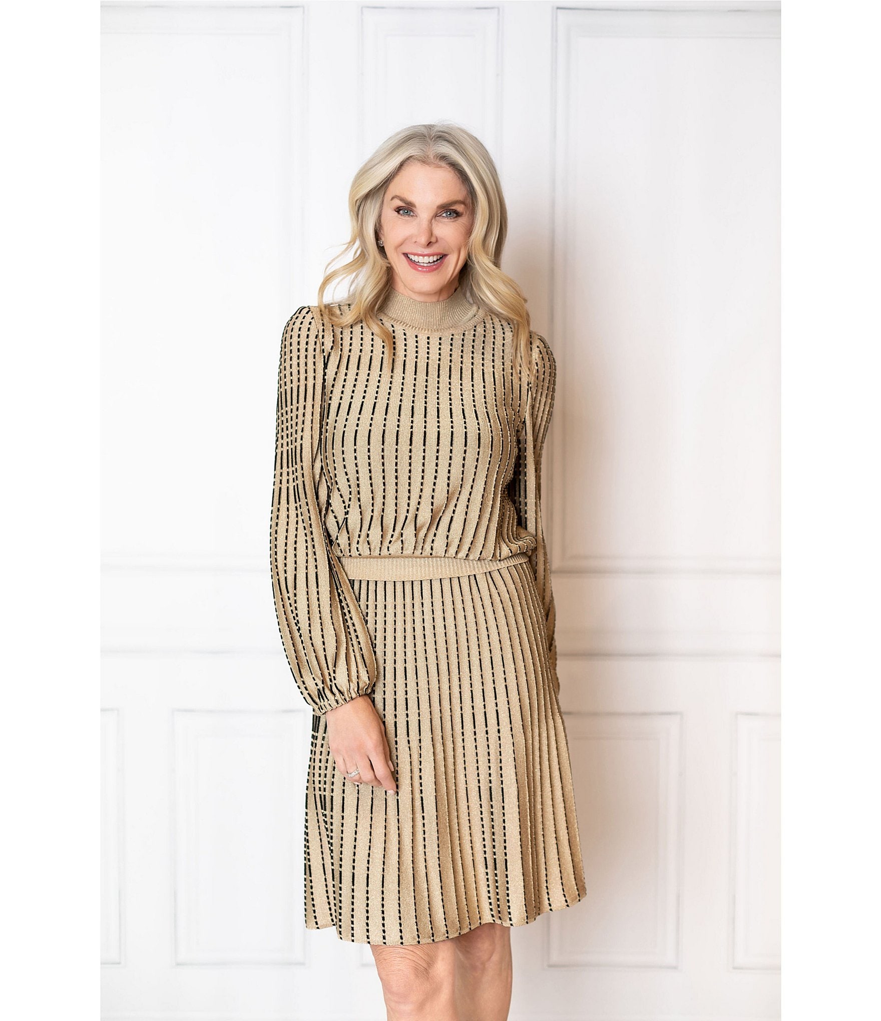 Ming Wang x Tanya Foster Linear Lurex Knit Round Neck Long Balloon Sleeve Top