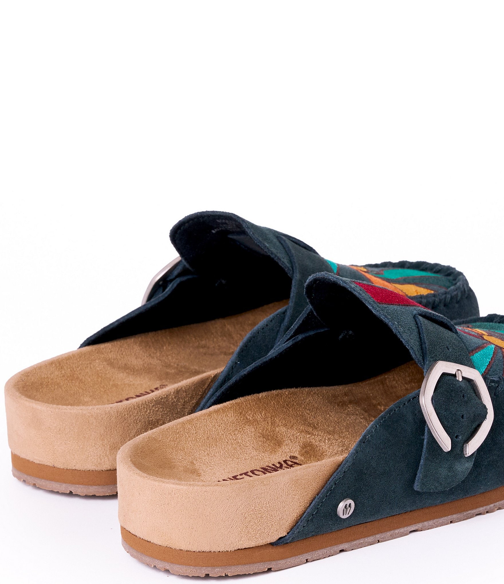 Minnetonka Sunset Embroidered Suede Buckle Clogs