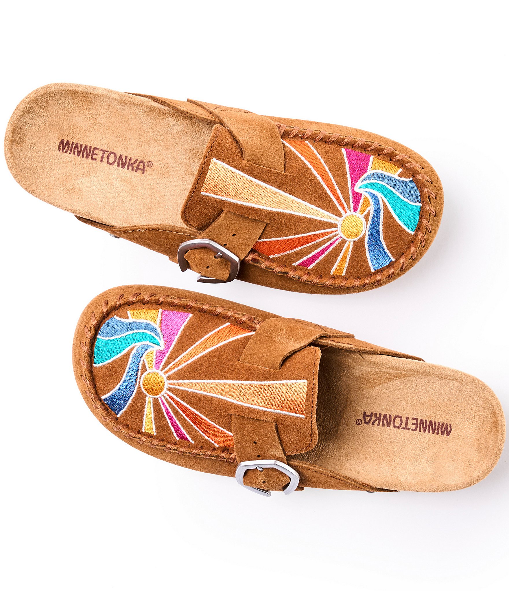 Minnetonka Sunset Embroidered Suede Buckle Clogs