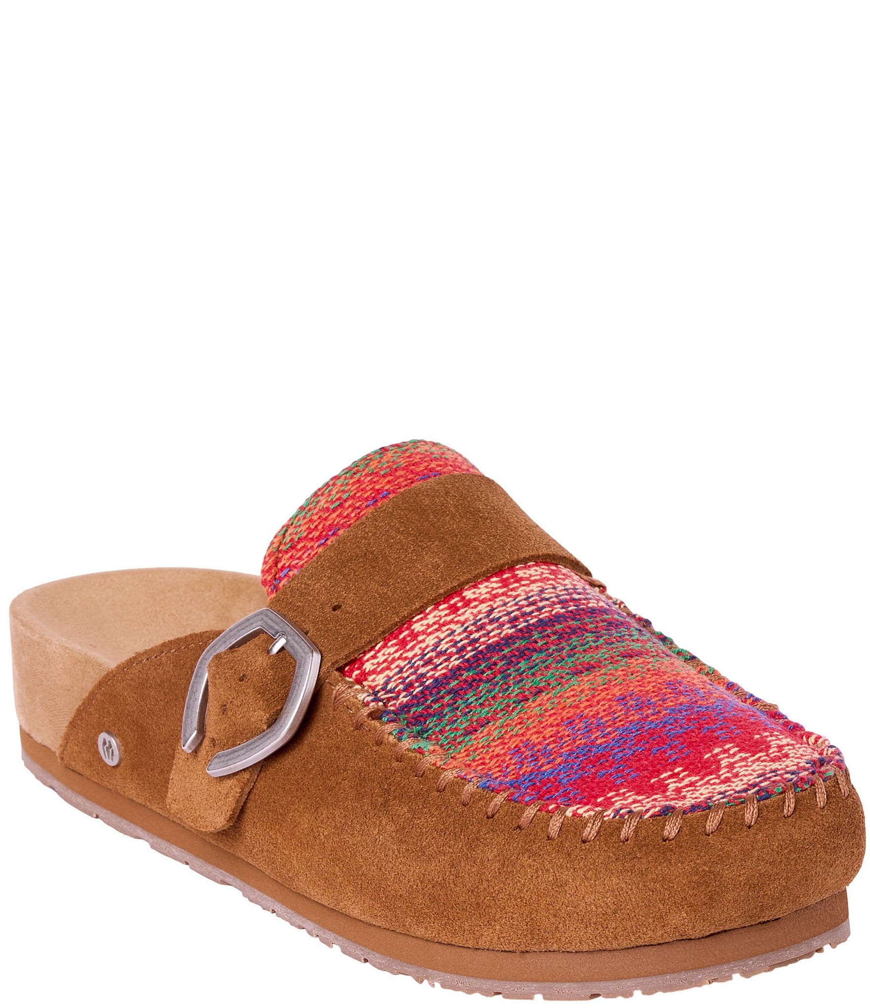 Minnetonka Women's Horizon Multi Stripe Suede Buckle Clogs