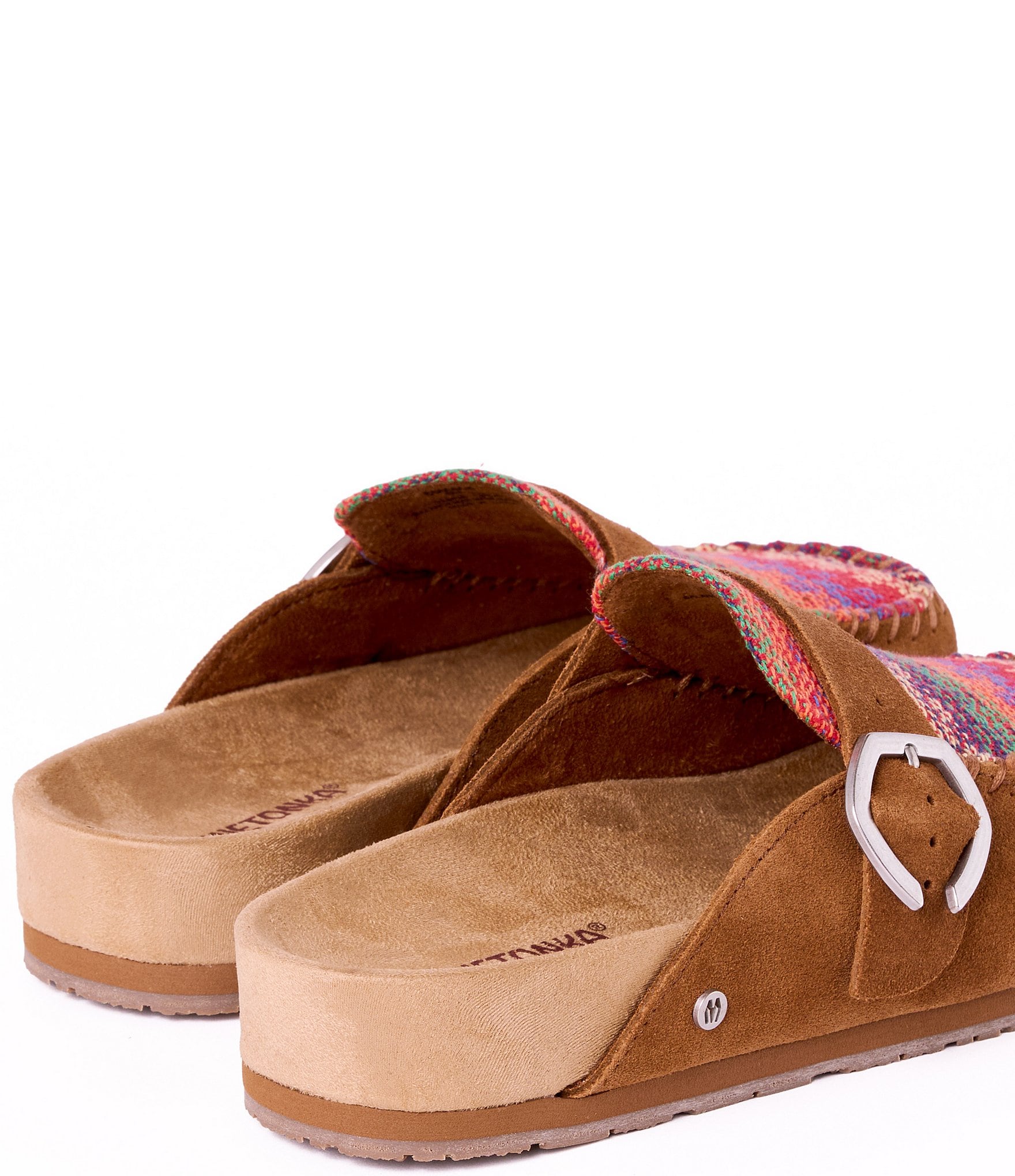 Minnetonka Women's Horizon Multi Stripe Suede Buckle Clogs