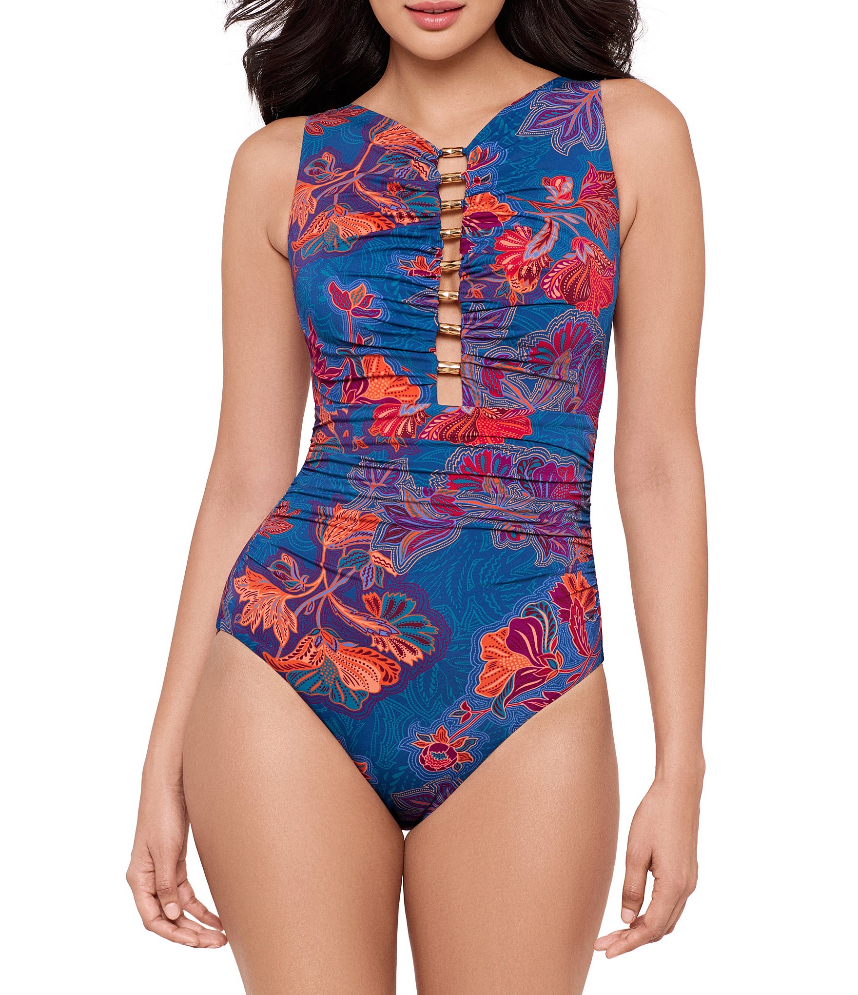 Miraclesuit Decoupage Swizzle Plunge Neck Underwire One Piece Swimsuit