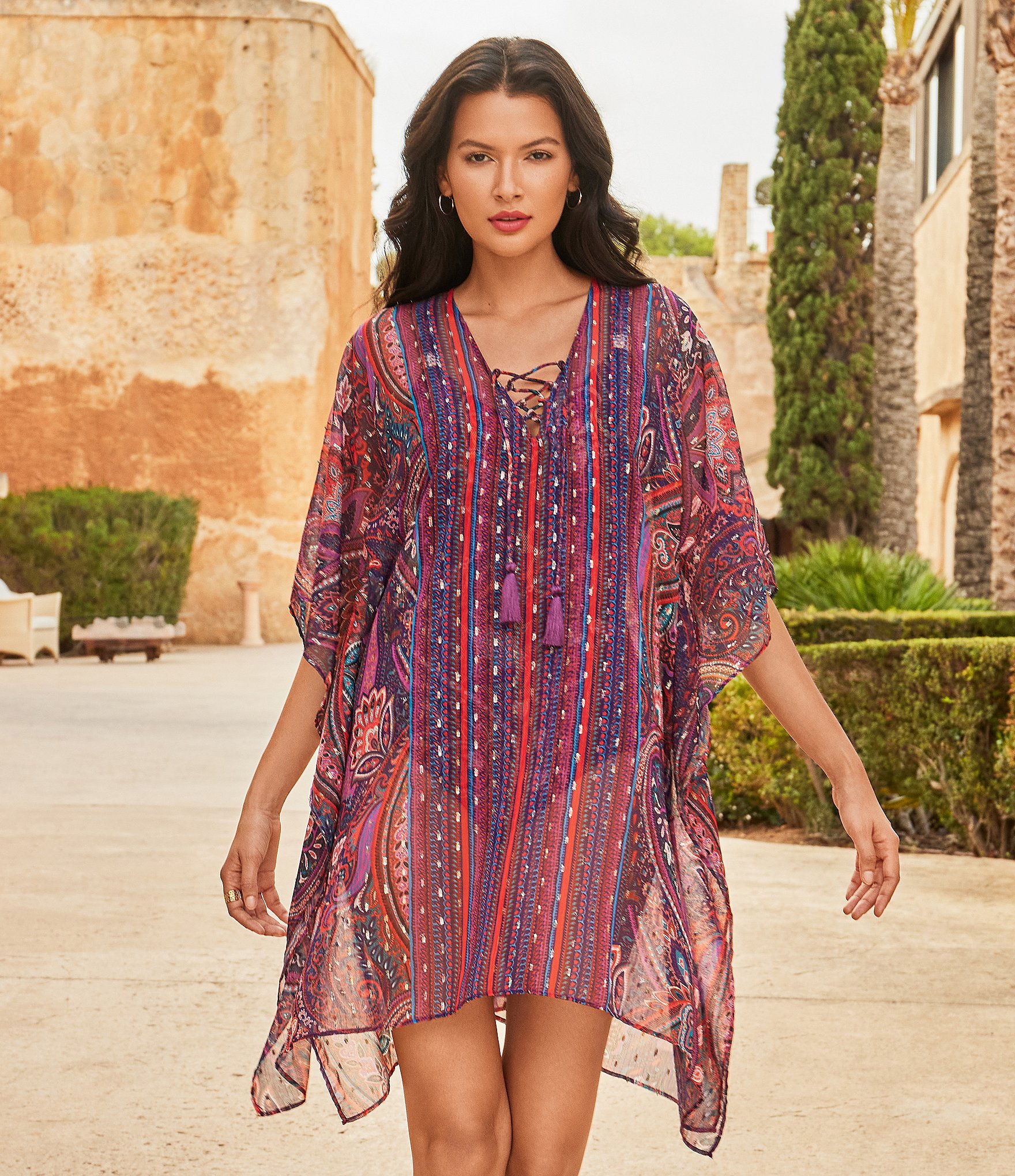 Miraclesuit Dynasty Print V-Neck Lace-Up Tassel Drop Shoulder Flutter Sleeve Caftan Swim Cover-Up