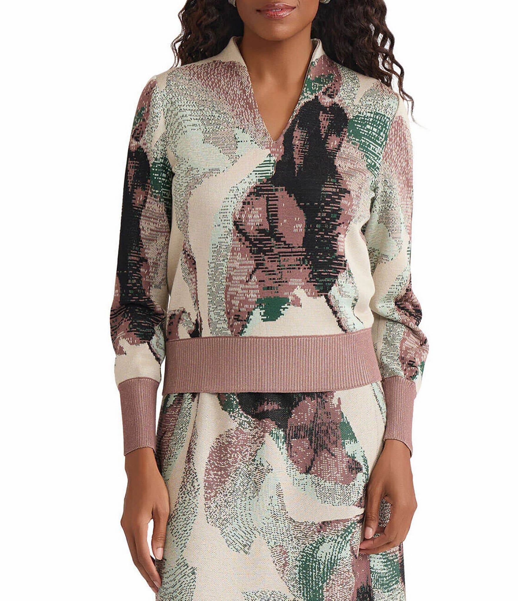 MISOOK Abstract Jacquard Soft Knit V-Neck Long Sleeve Coordinating Sweater