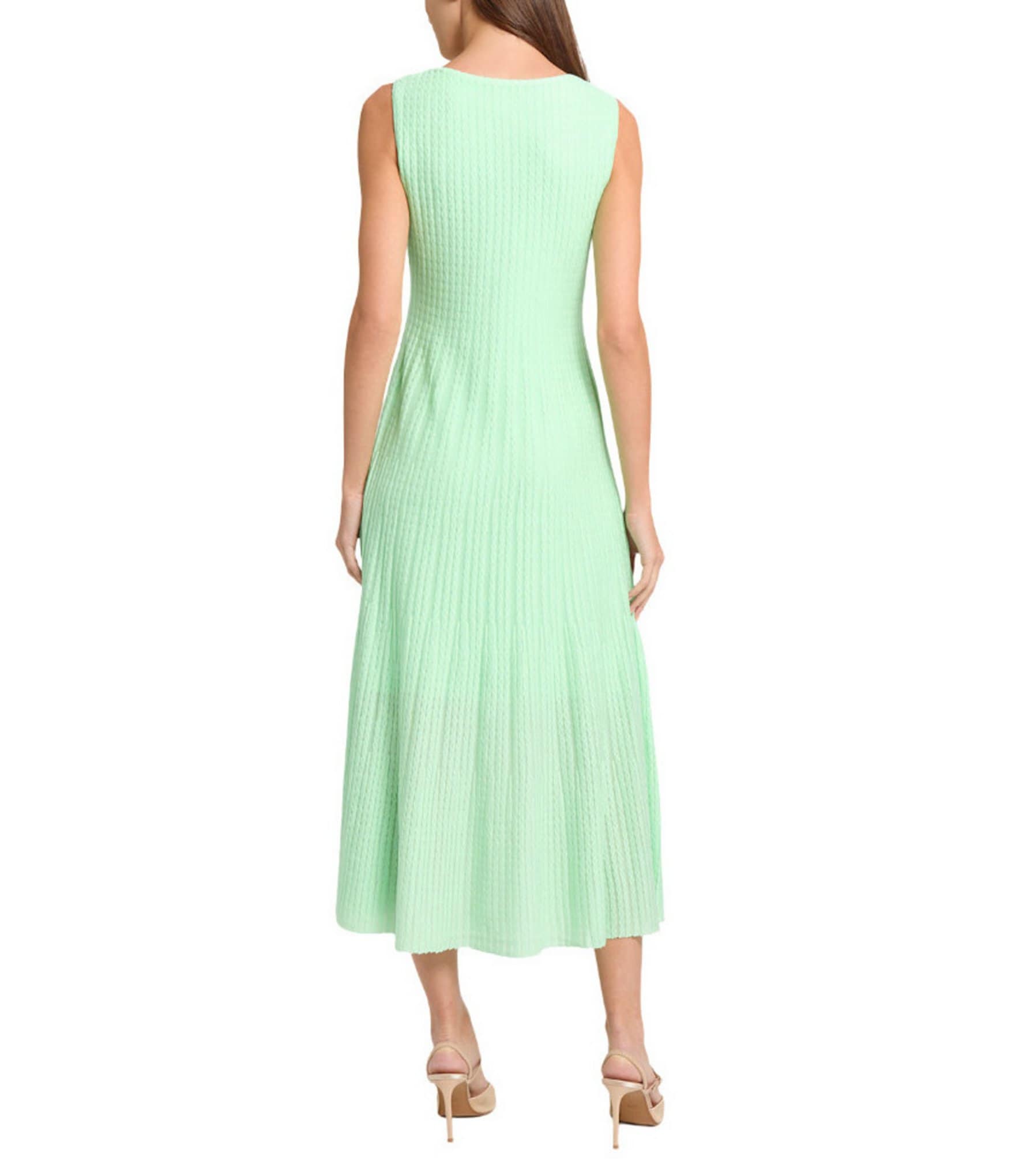 MISOOK Cable Soft Knit Square Neck Sleeveless Sit-And-Flare Midi Dress