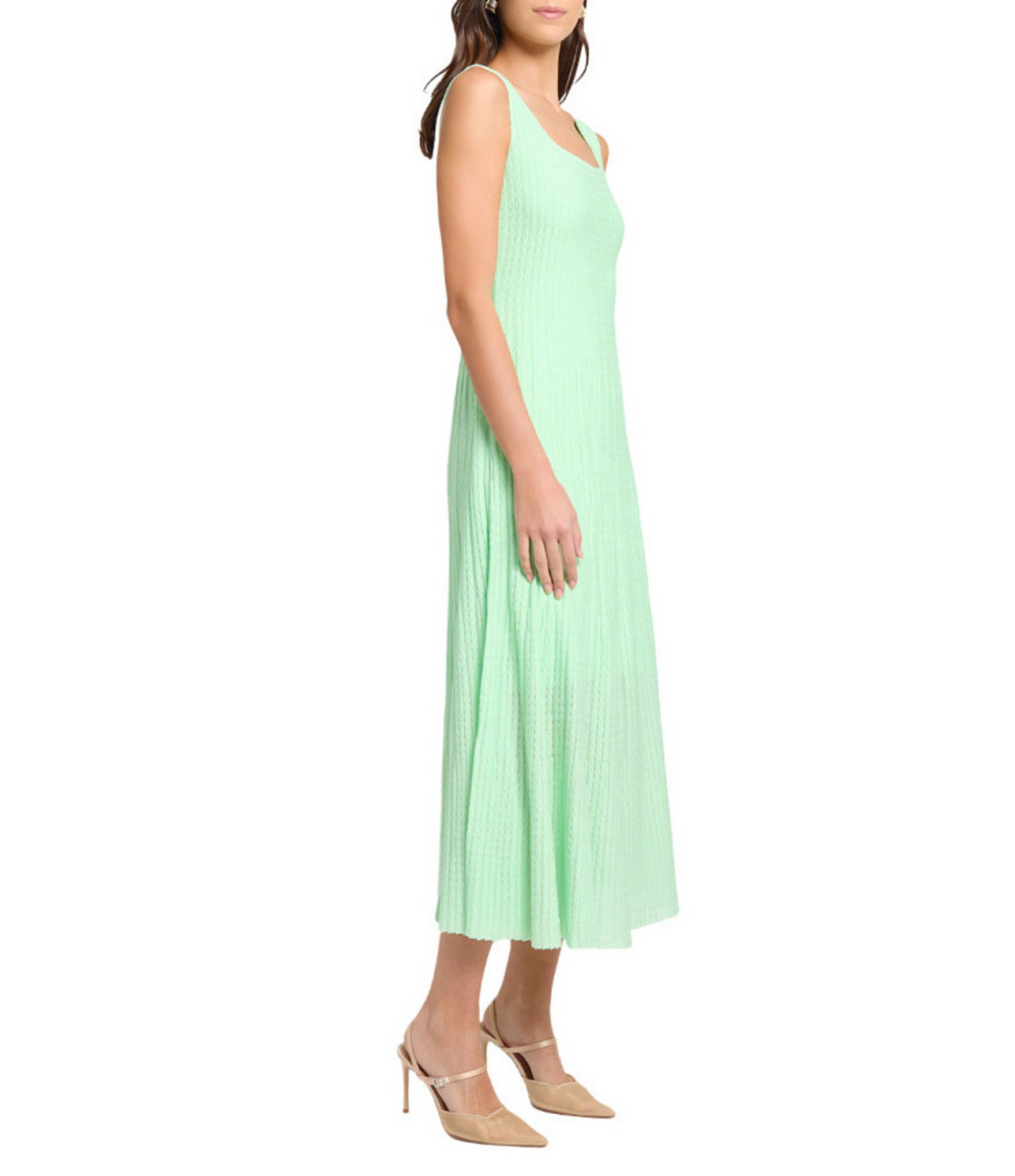 MISOOK Cable Soft Knit Square Neck Sleeveless Sit-And-Flare Midi Dress